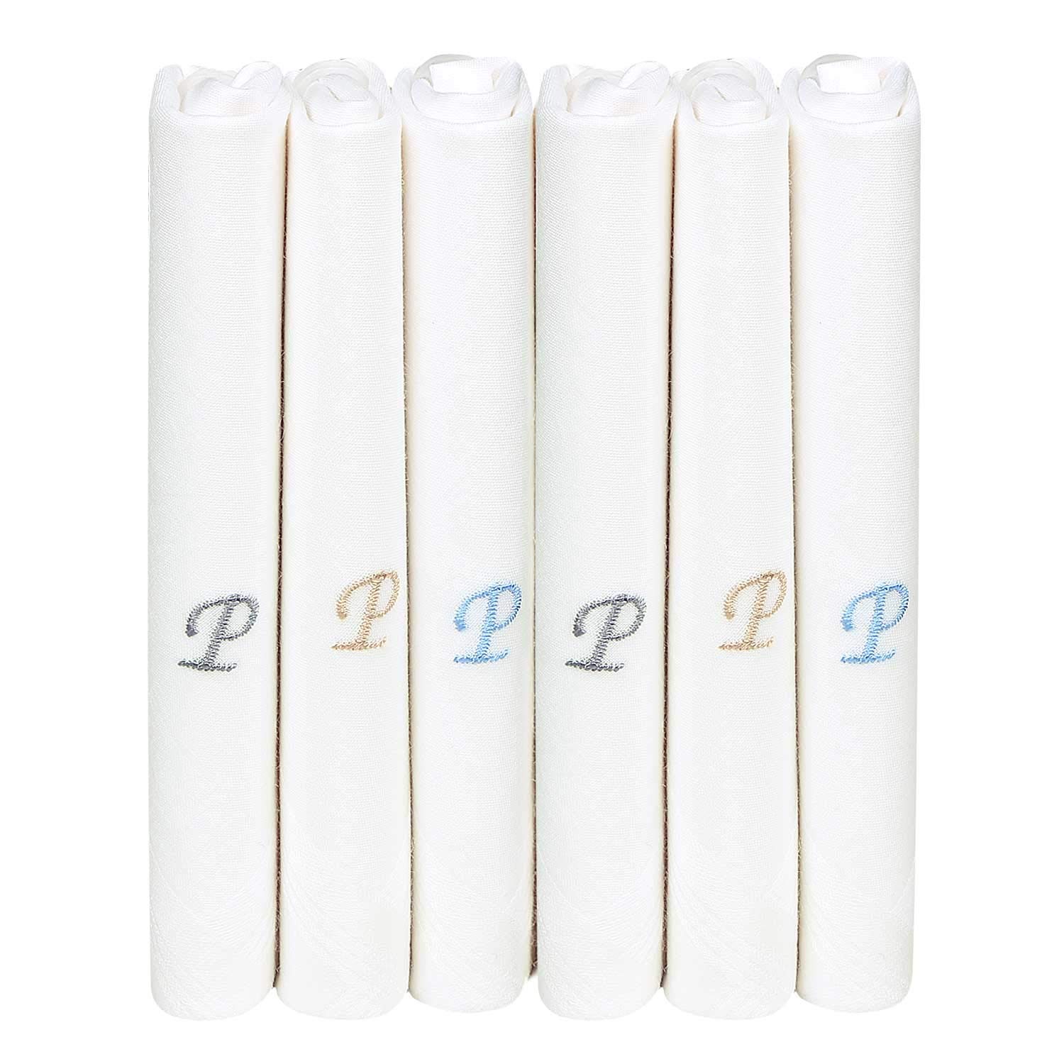 BonjourMen's Premium White Cotton Handkerchief With Alphabetical Initial - Pack Of 6 (P)