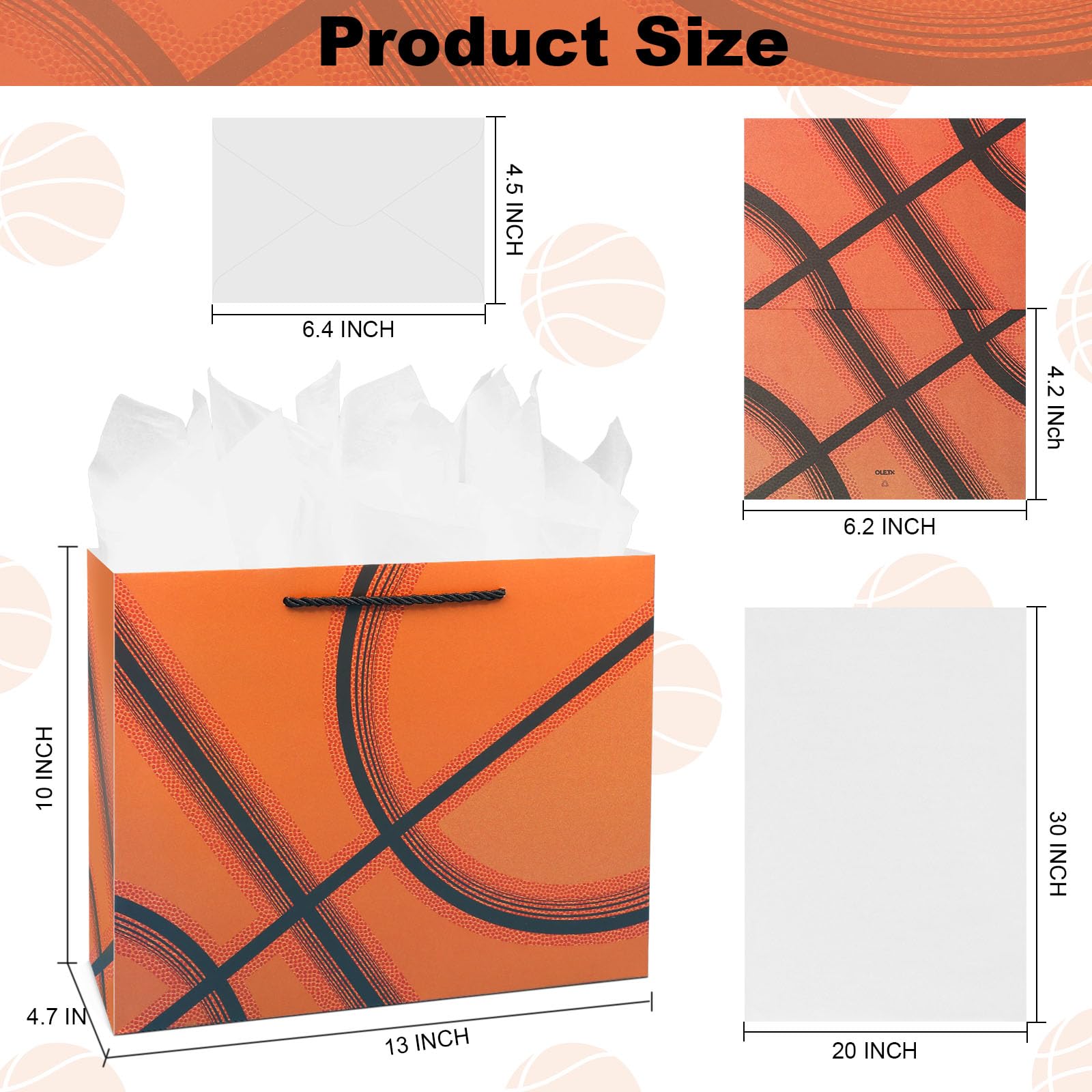 Oletx 13” Basketball Party Favor Gift Bags, Large Basketball Gift Wrapping Bag with Tissue Paper for Sports Party Birthday Goodie Gifts Treat Wrapping Bags