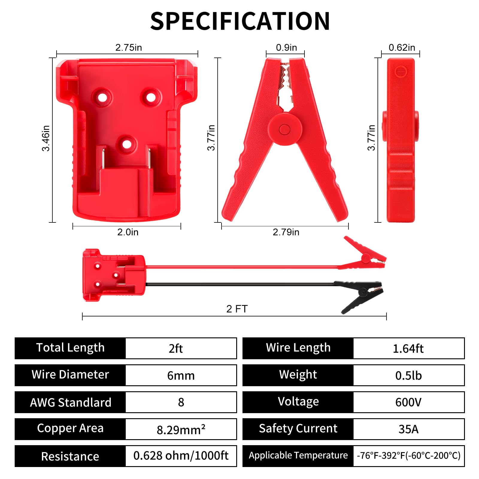 Cables de arranque para batería Milwaukee M18 de 18 V, cable de refuerzo de silicona 8AWG de 2 pies con clips de cocodrilo, arranque de salto para coche, camión, RV y herramientas de carga, resistente