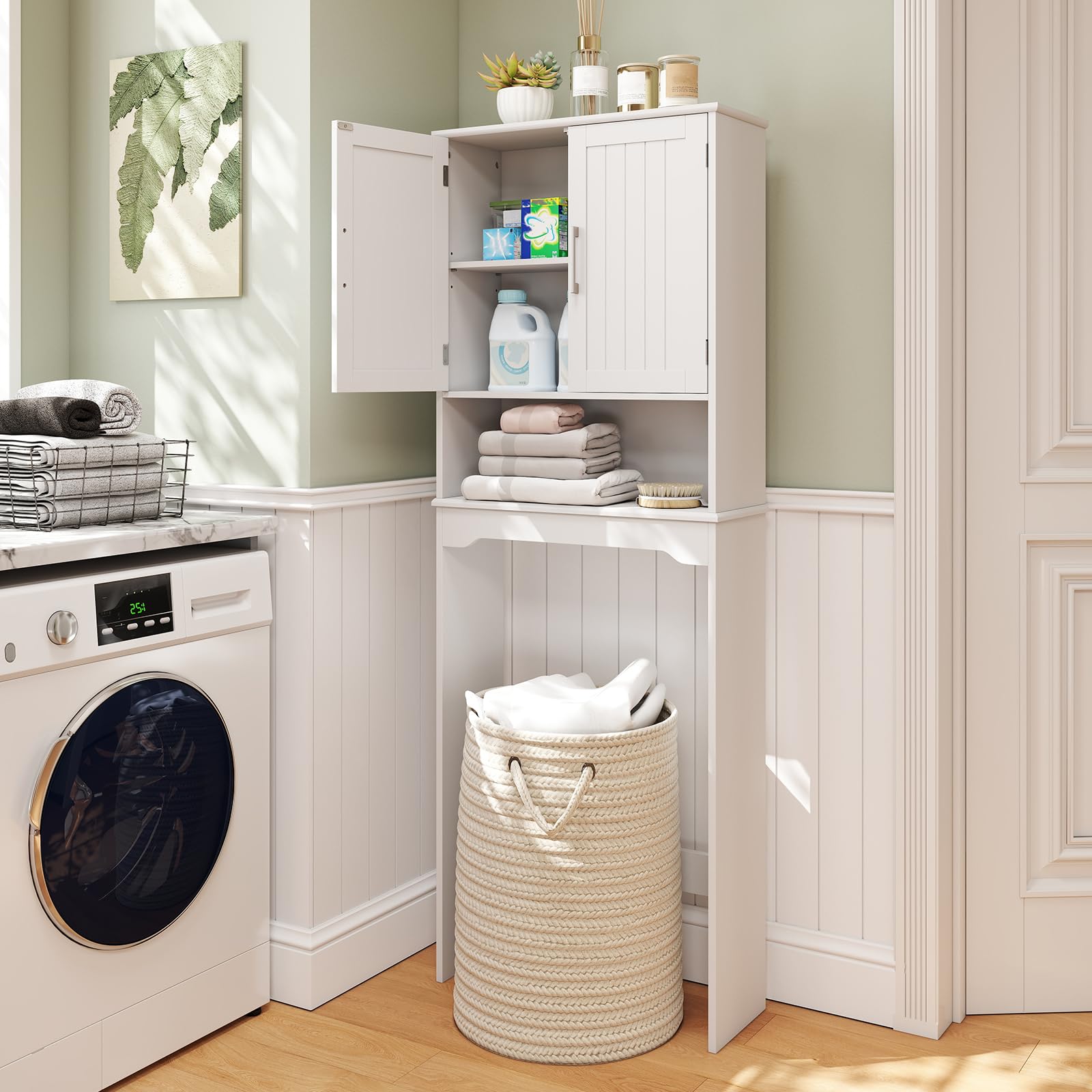 COSTWAY Mueble sobre Inodoro, 2 Puertas, 2 Baldas Regulables y 1 Estante, Armario Lavadora, Mueble Encima WC, 63x23x168 cm, Blanco