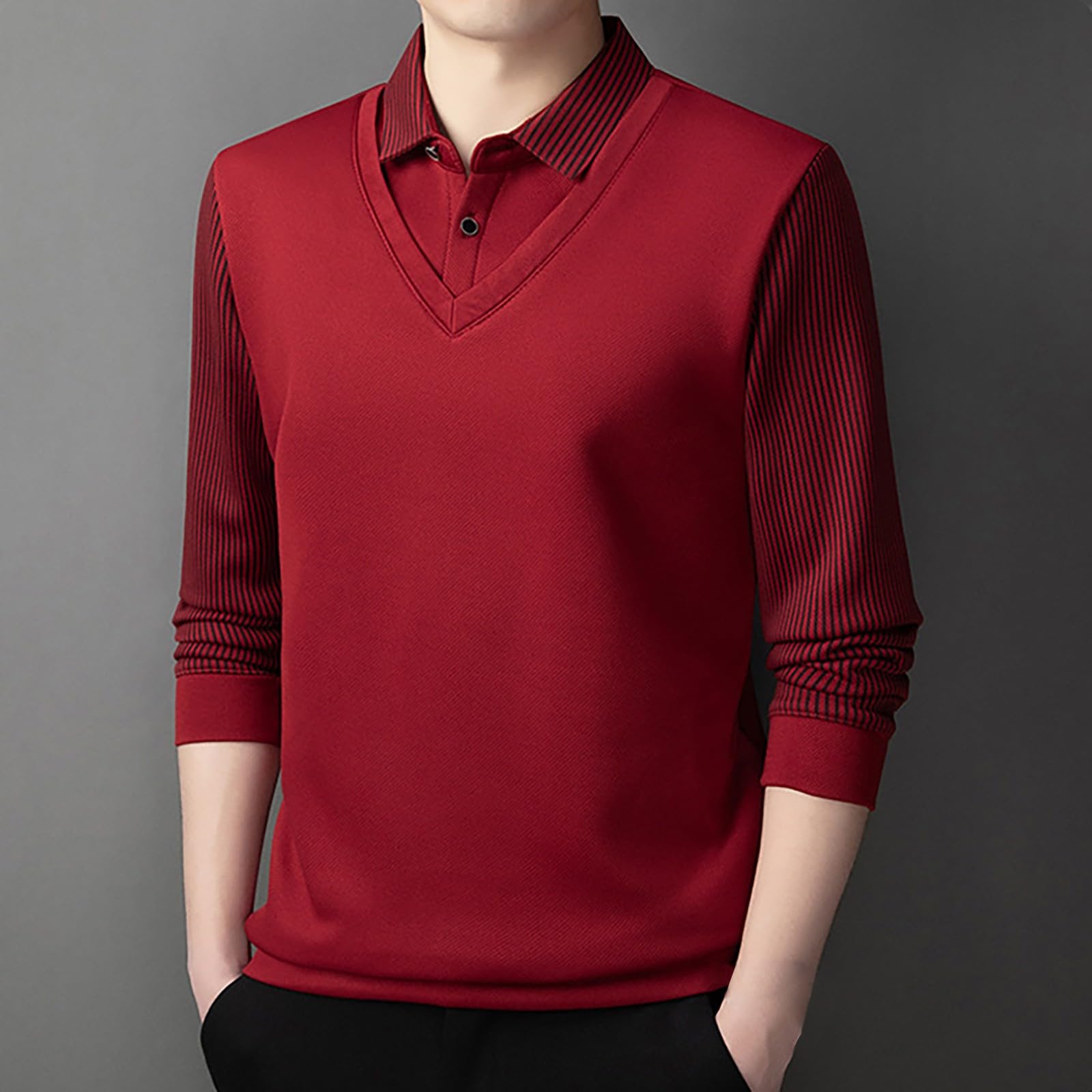 Camiseta de manga larga de dos piezas con cuello grueso a para hombre, camiseta informal holgada de negocios, camiseta de comercio exterior a la moda