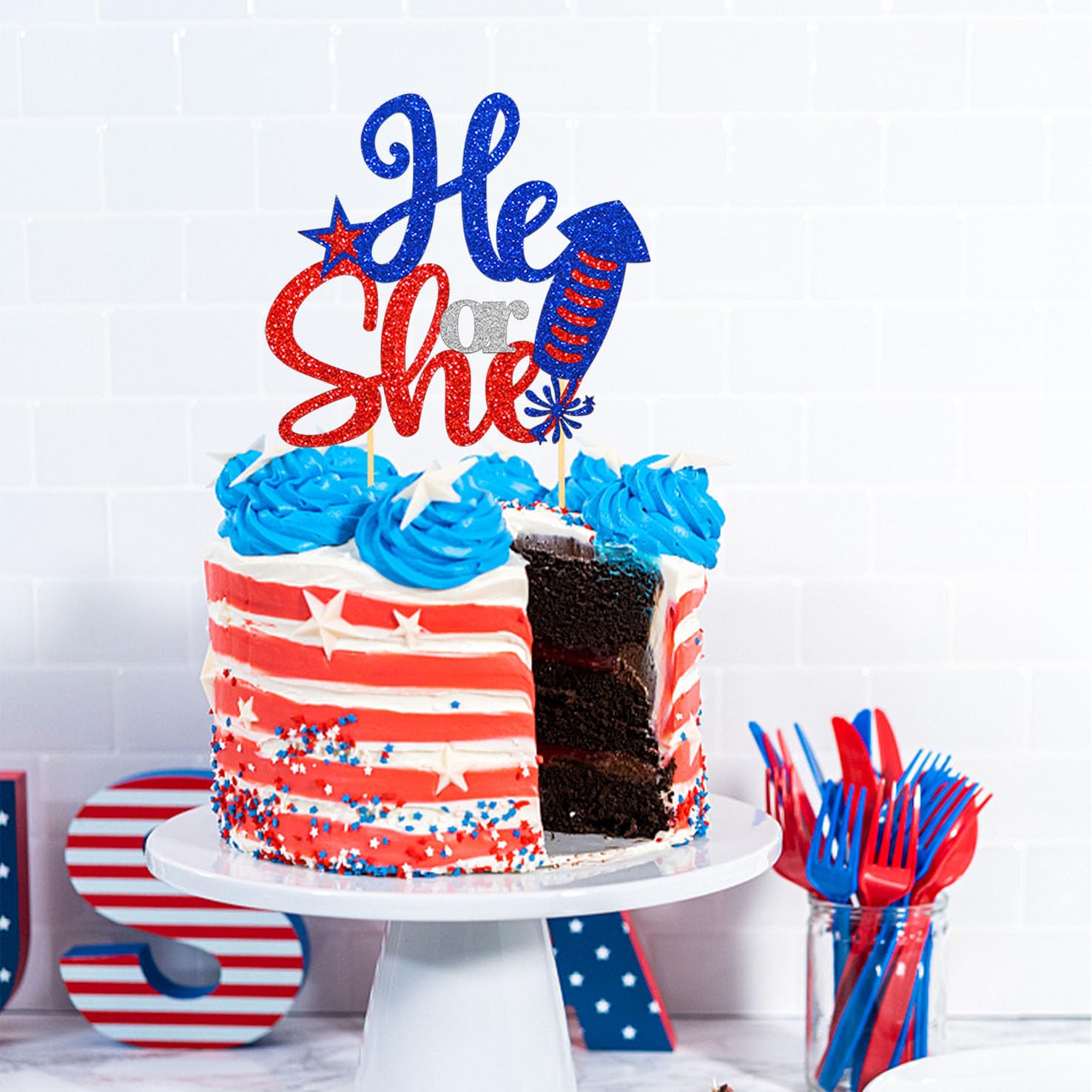 Muffin Deko Kindergeburtstag Cupcake-Topper Mit Unabhängigkeitstag, Blau,  Rot, Silber, Glitzerstern Muffin Stecker, image size:1476x1476