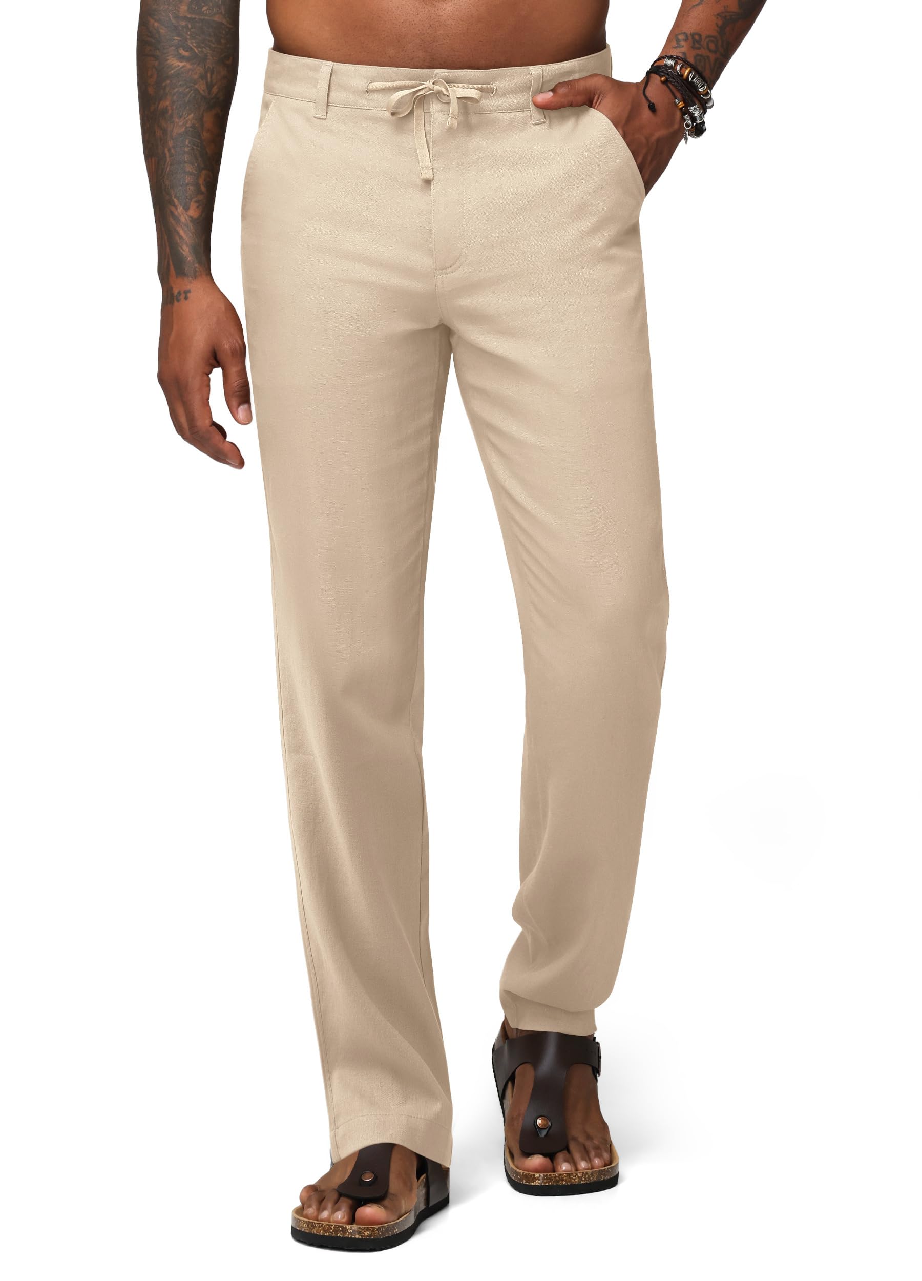Mens Linen Pants Casual Linen Dress Pants with Drawstring and Pockets Lightweight Straight-Leg Trousers 30 32