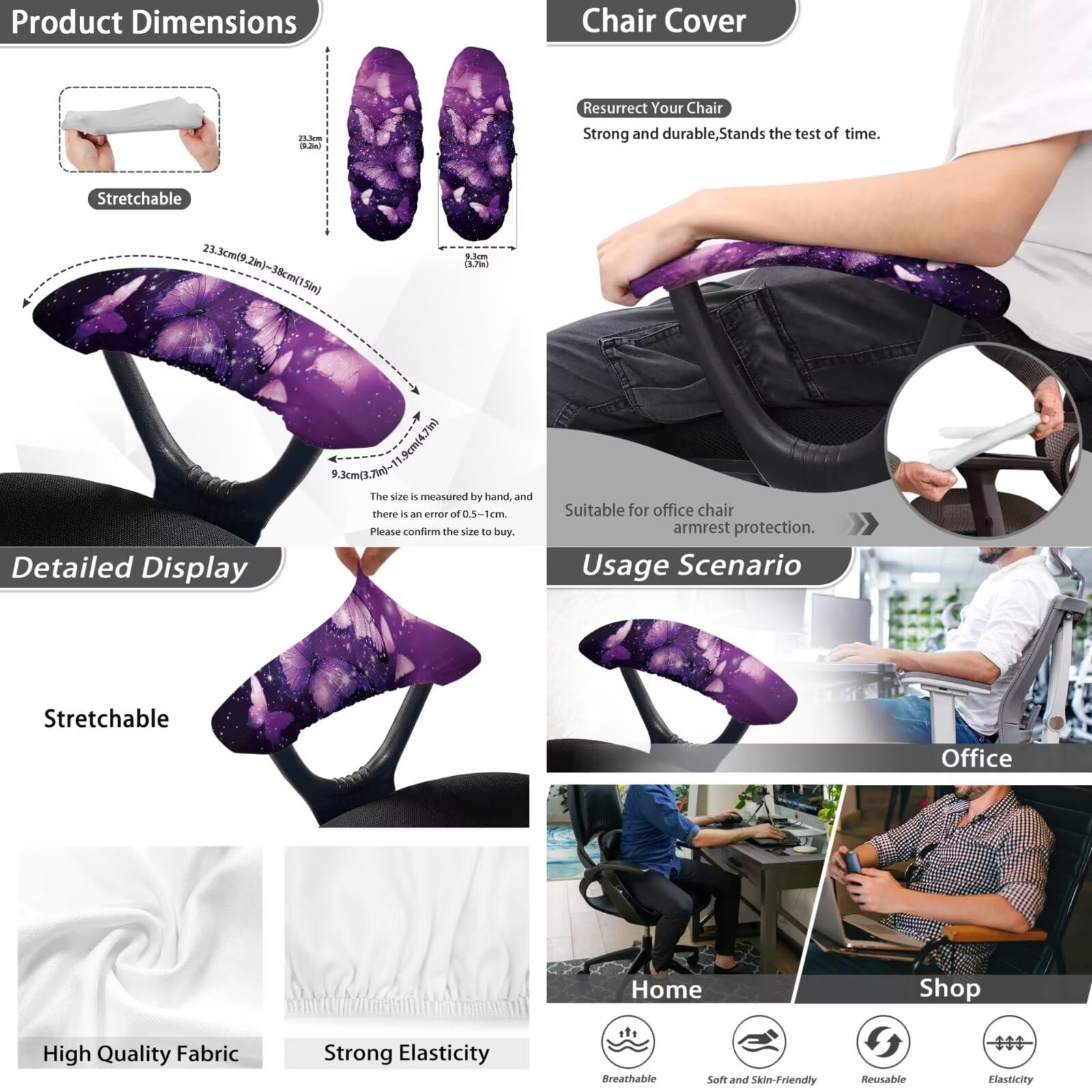 Xoenoiee Housse extensible pour fauteuil de bureau avec accoudoirs, porte-mouchoirs en cuir synthétique et support à distance, motif papillon étincelant, violet, taille S