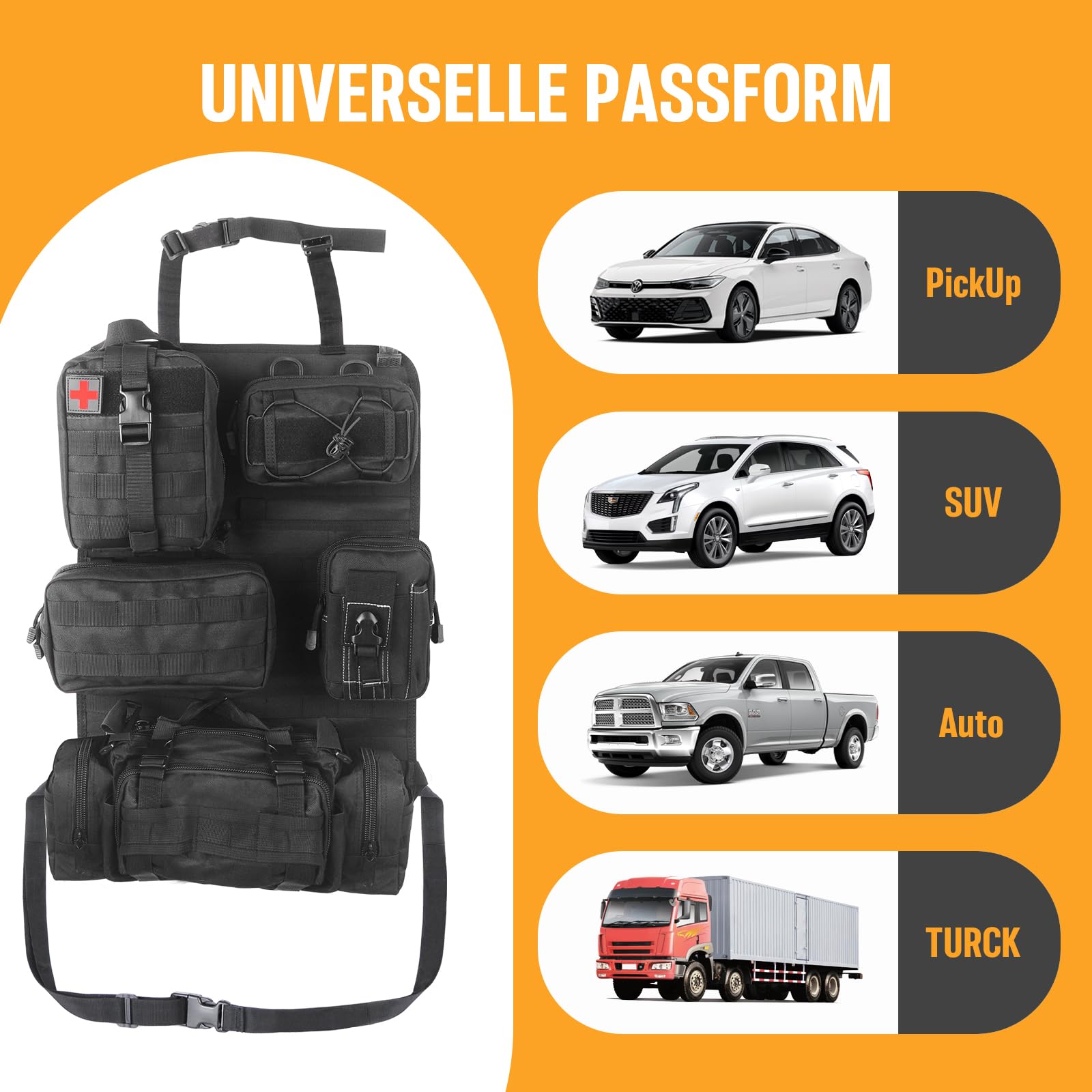 Universeller Molle Nylon Taktischer Autositz Organizer, Vordersitz Rückenlehnen-Aufbewahrungstasche, Rückenlehnenschutz mit 5 Taschen für alle Fahrzeuge