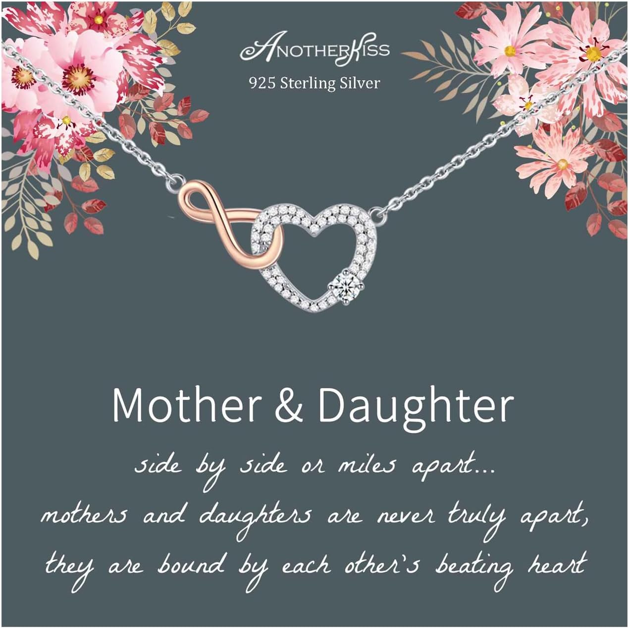 AnotherKissMum Gifts, Sterling Silver Heart Infinity Necklace for Mother and Daughter Gifts, Daughter Gifts from Mom, Mum Birthday Gifts Mothers Day Jewellery