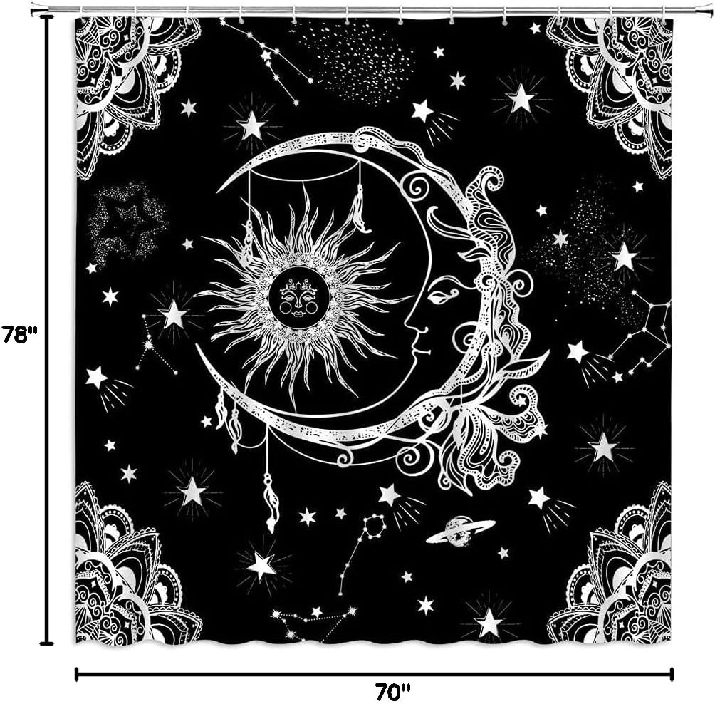Burning Sun and Moon Shower Curtain Vintage Sketch Celestial Mandala Floral Pattern Black White Constellation Mysticism Chic Abstract Fabric Bathroom Decor Set with Hooks,(78" Wx70 H)