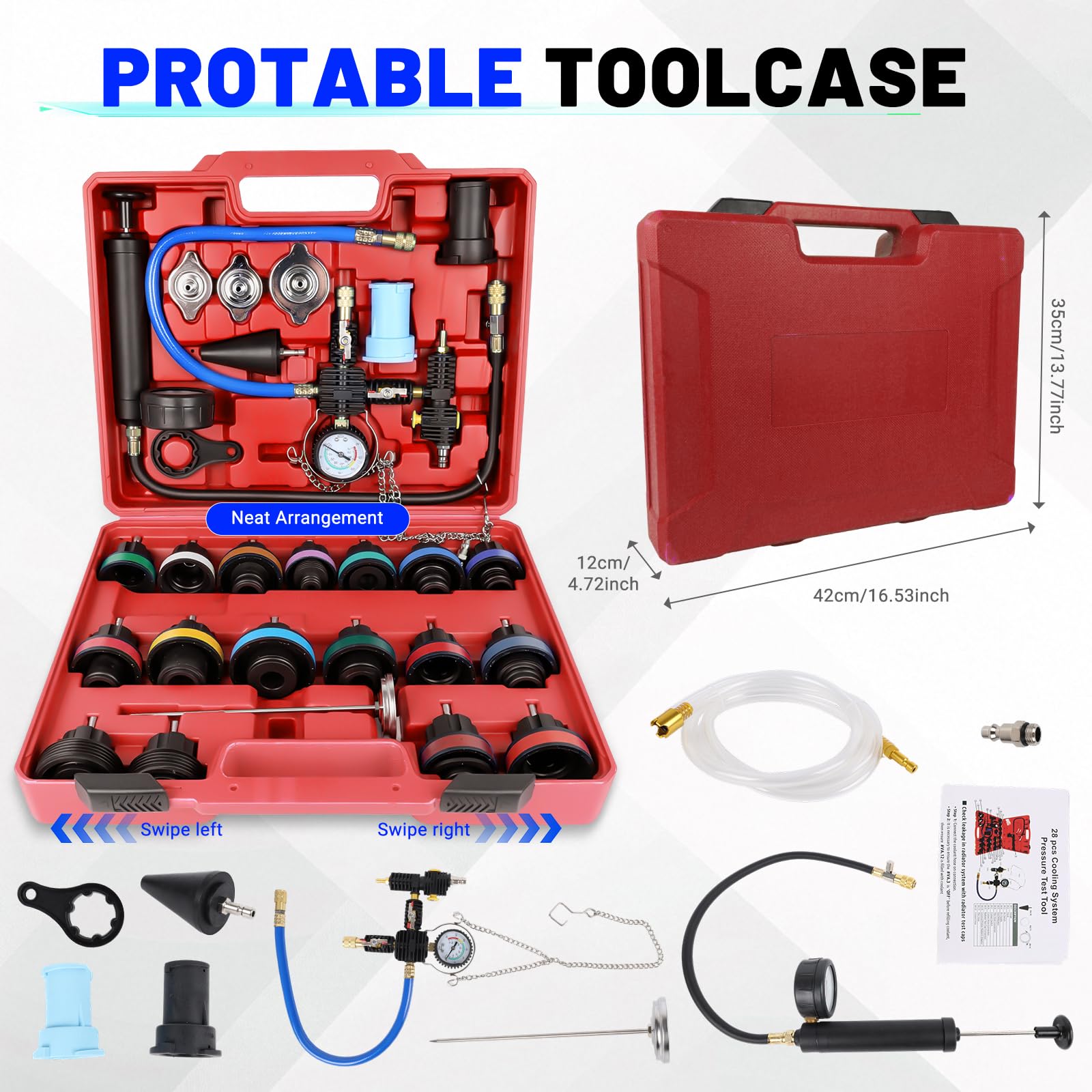 OiLiehu 28PCS Kit Test de Pression et de Remplacement du Liquide de Refroidissement du Radiateur, Complet avec Pompe Manuelle, Adaptateurs Métallique, Bouchons à Code Couleur et Boîte à Outils, Rouge