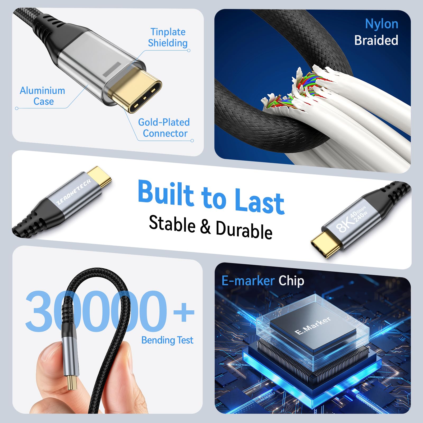 ZeroneTeck Cable USB C a C de 6 pulgadas [3 unidades de 0.5 pies], transferencia de datos de alta velocidad de 40 Gbps, carga PD de 240 W, cable de monitor 8K/4K