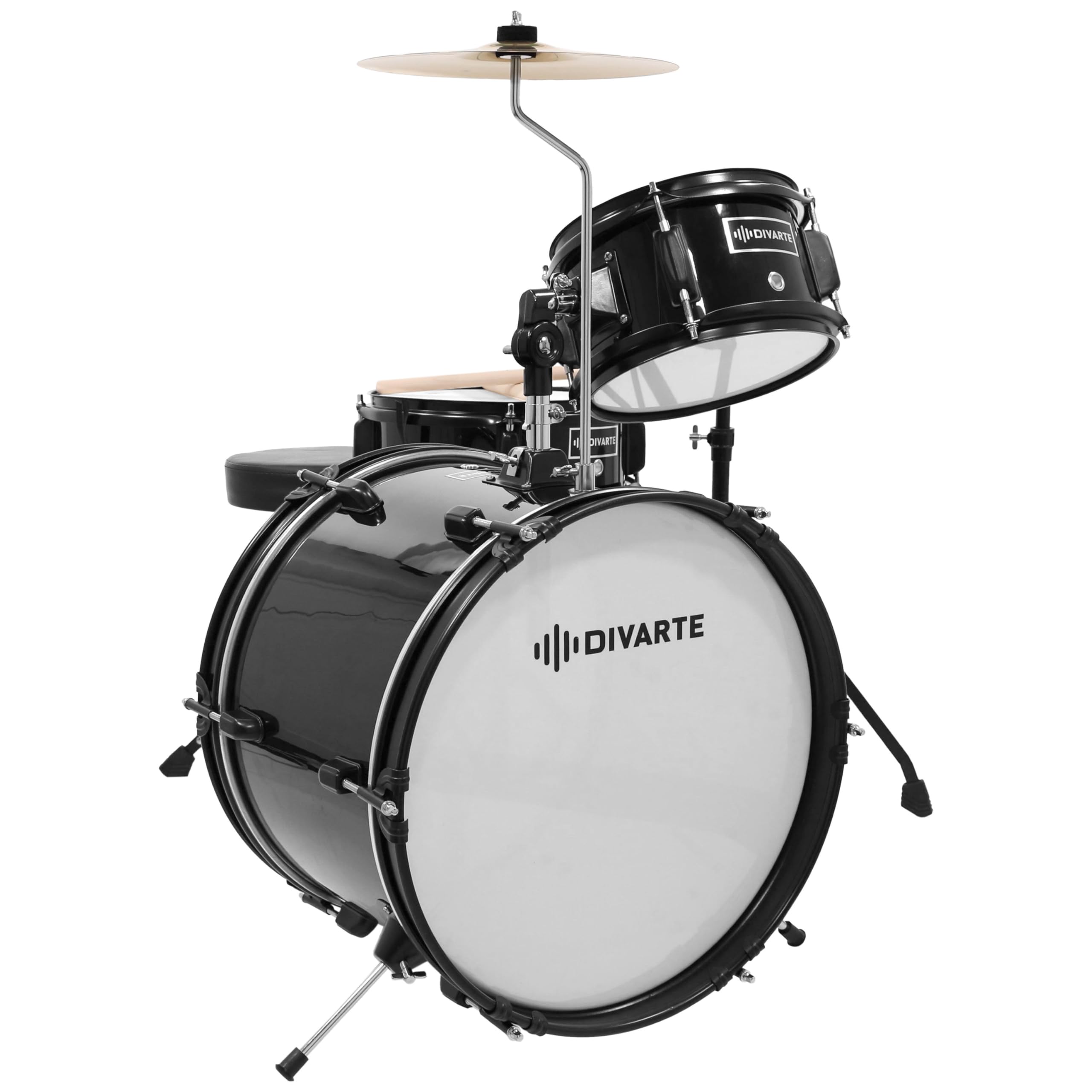 Junior DrumSet Black, kit di batteria regolabile per bambini, dai 6 anni, set di batterie acustiche per principianti con sedile regolabile, piede di charleston e bacchette inclusi.