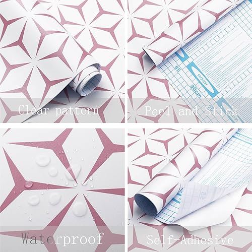 Miniatura 3 de Heroad Papel tapiz geométrico de 17.7 x 393 pulgadas, papel de contacto geométrico rosa y blanco, papel de contacto moderno extraíble, papel de