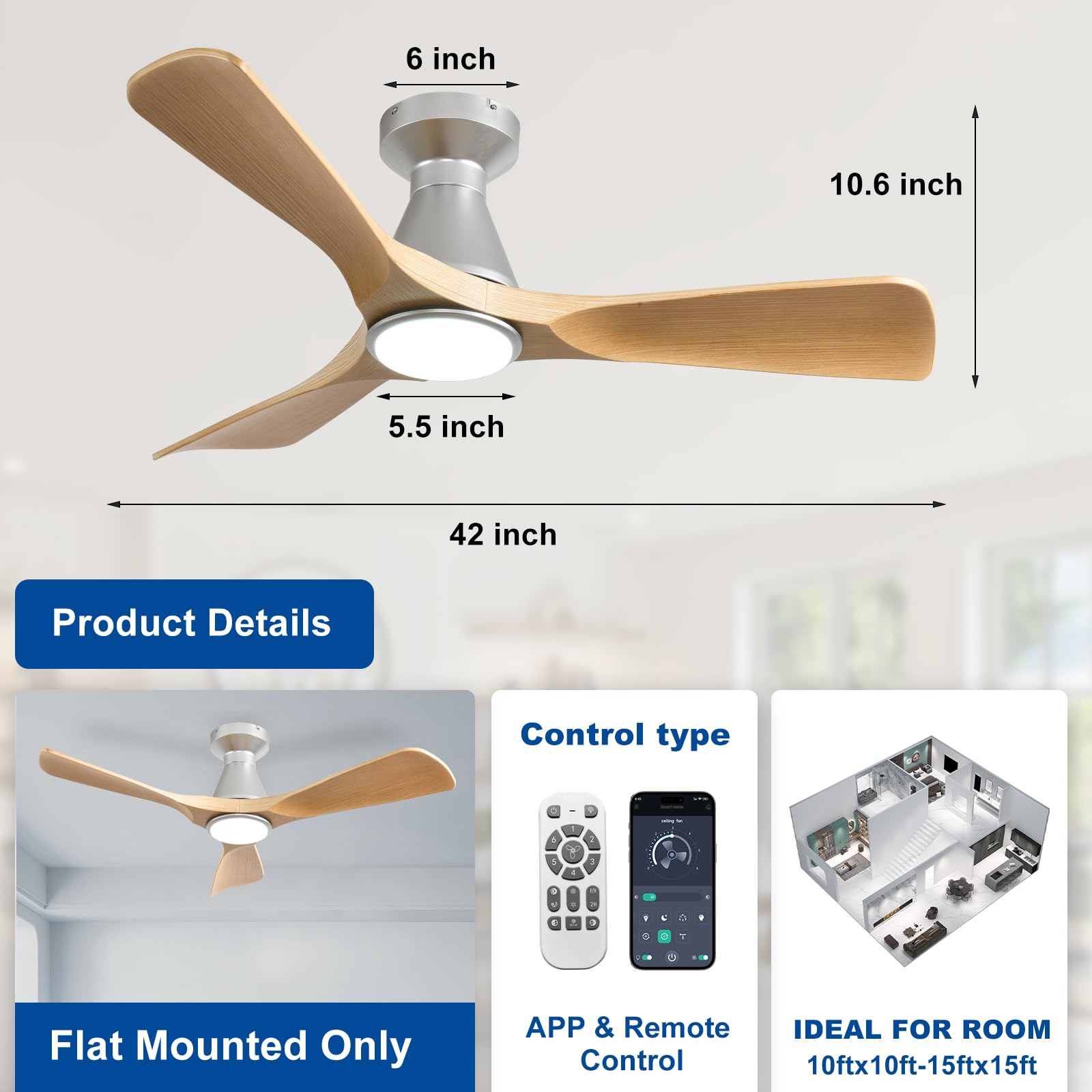 Depuley Ventiladores de techo de 42 pulgadas con luz: Ventilador de techo empotrado de 3 aspas con acabado granulado para cocina - Ventilador exterior regulable con control mediante aplicación móvil