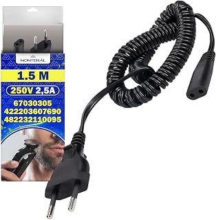 Cable Afeitadora Eléctrica 1,5 m 250V 2,5A con Código Original 67030305 para Braun 422203607690 482232110095 CRP300/01 CRP305/01 para Philips Maquina Afeitar - Garantía de 10 Años - MONTERAL