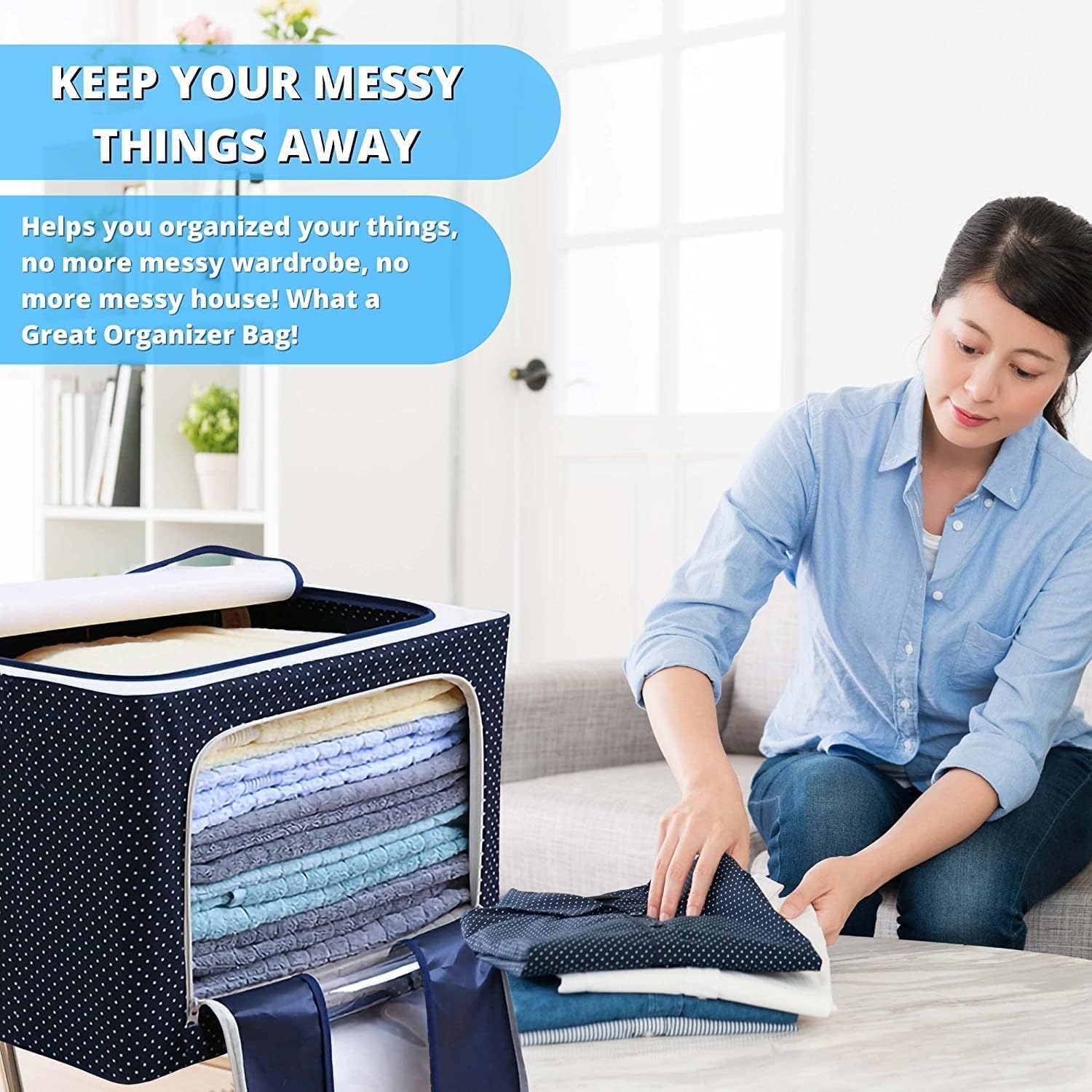 66 Ltr storage bag Foldable Steel Frame Cloths Zip Organizer Bag and Oxford Fabric Storage Living Cover Boxes For Wardrobe Organizer Shelves Clothes, Sarees, Bed Sheet, Blanket (Pack of 1)