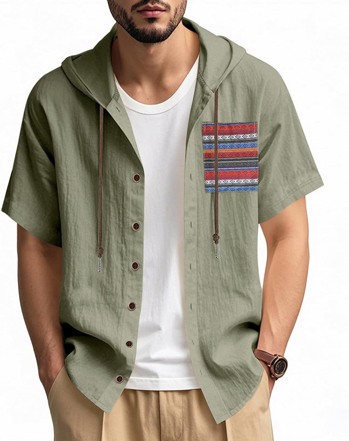 Linen Shirts for Men Casual Button Shirts Summer Hoodie Beach Short Sleeve Shirts Top with Pocket