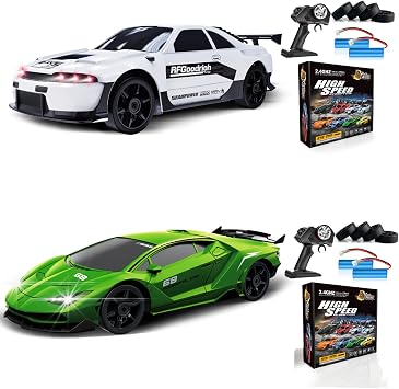 2PCS Remote Control Car RC Drift Car 2.4GHz 124 4WD 15KM/H High Speed Racing Sport Car with LED Lights Drifting Tire Racing Sport Toy for Adults Boys Girls Kids Gift 2Pcs Rechargeable Batteries