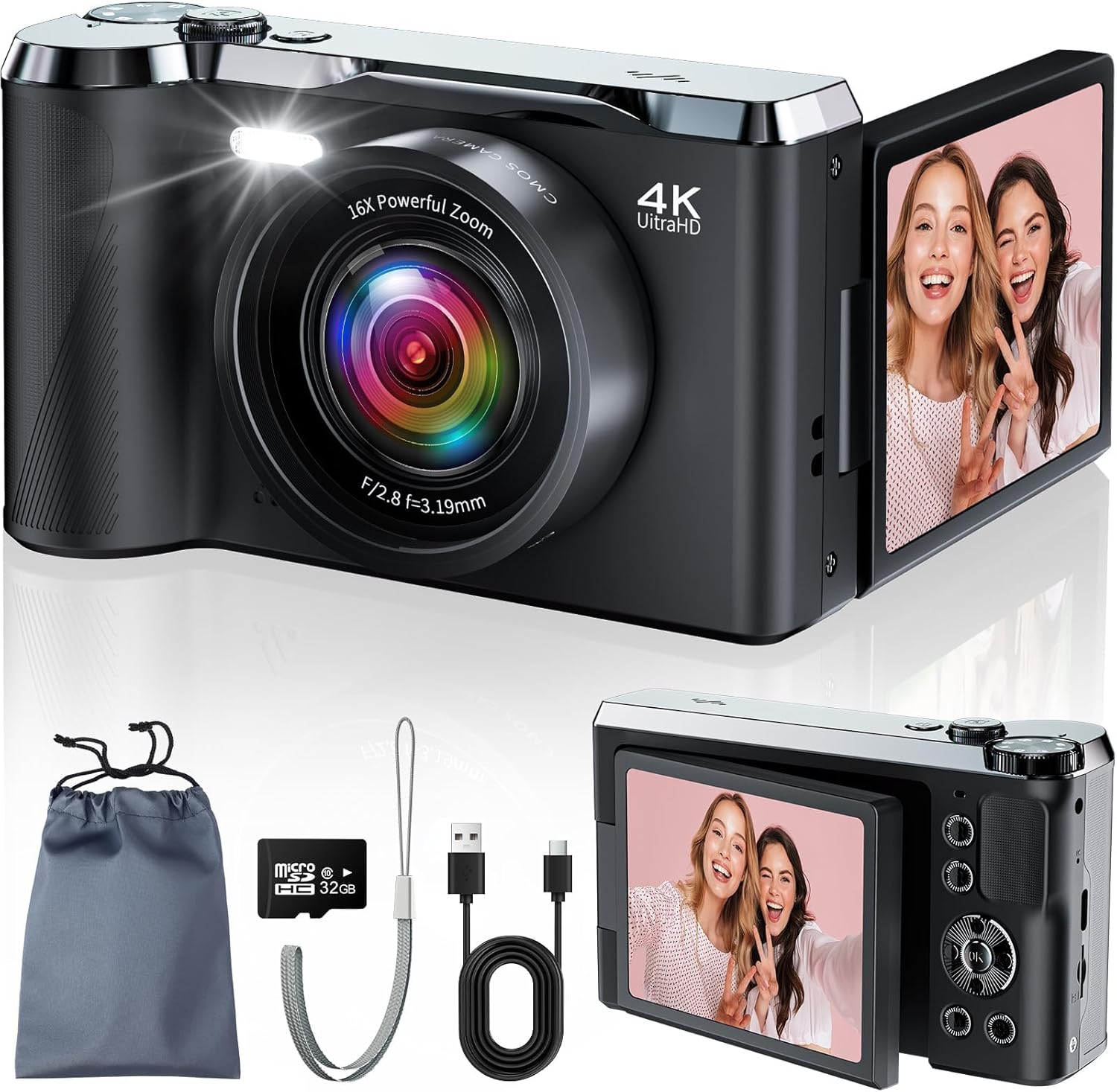 JDZ 4K Digital Camera for Photography and Video, 56MP Autofocus Vlogging Camera for YouTube, 3'' 180° Flip Screen, 16X Zoom, Flash, Compact Travel Camera with 32GB Card for Beginners