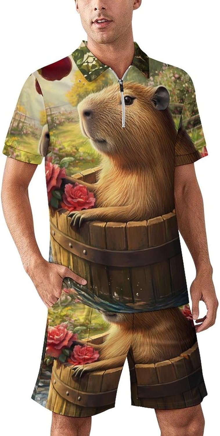 Capybara Mens Polo Shirts Track Suits 2 Piece Short Sleeve Sweatsuit 1/4 Zip Golf Loungewear for Sports