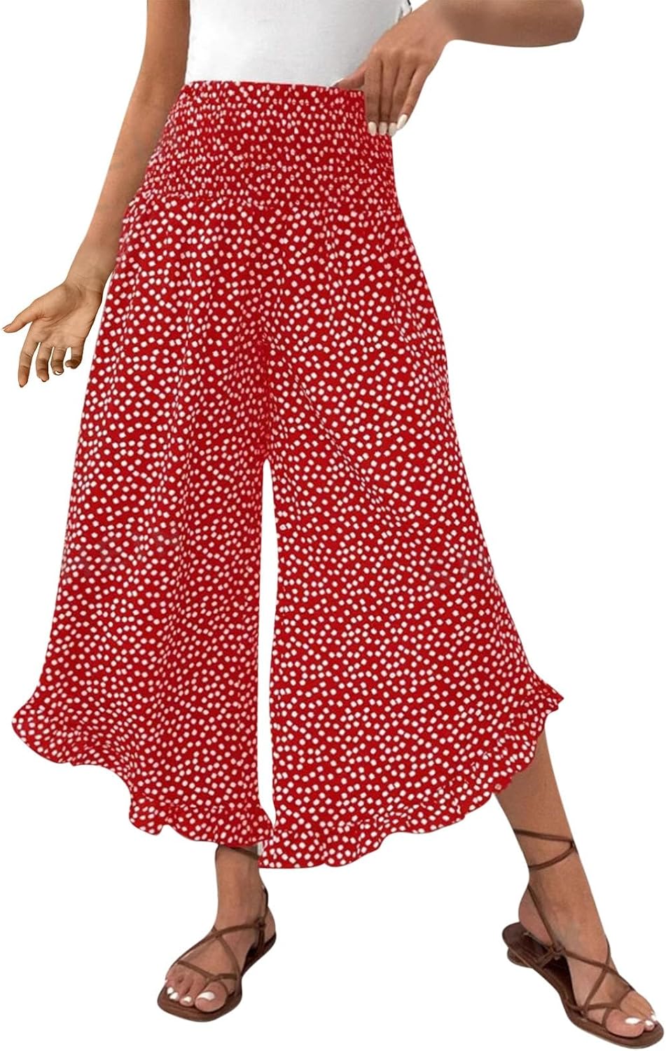 Wide Leg Palazzo Pants for Women Beach Vacation Floral Smocked High Waist Lightweight Flowy Casual Summer Harem Pant