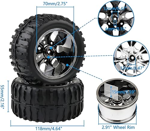 Miniatura 2 de Juego de neumáticos y ruedas RC (4 piezas) - Neumáticos Monster Truck escala 110 de 0.472 in hexagonal para Traxxas Stampede, Arrma, Redcat, llantas