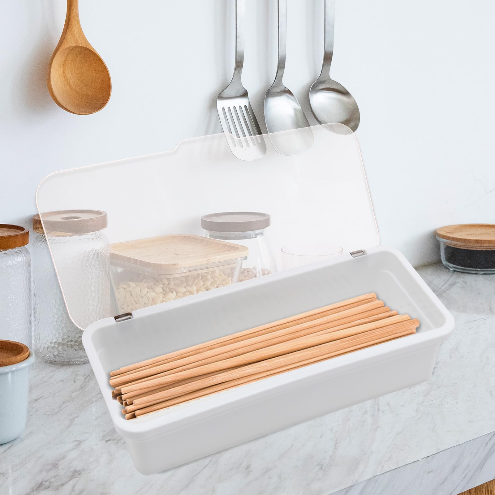 Bandeja de plástico para cubiertos con tapa, organizador de cubiertos y cajones de utensilios, contenedor de almacenamiento para encimera (blanco)