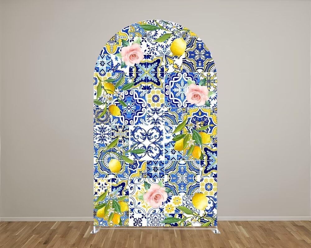 KONPON Arch Backdrop Covers Mediterranean Patchwork Tile Theme Arched Stand Cover for Birthday Banquet Porcelain Parties Display Props