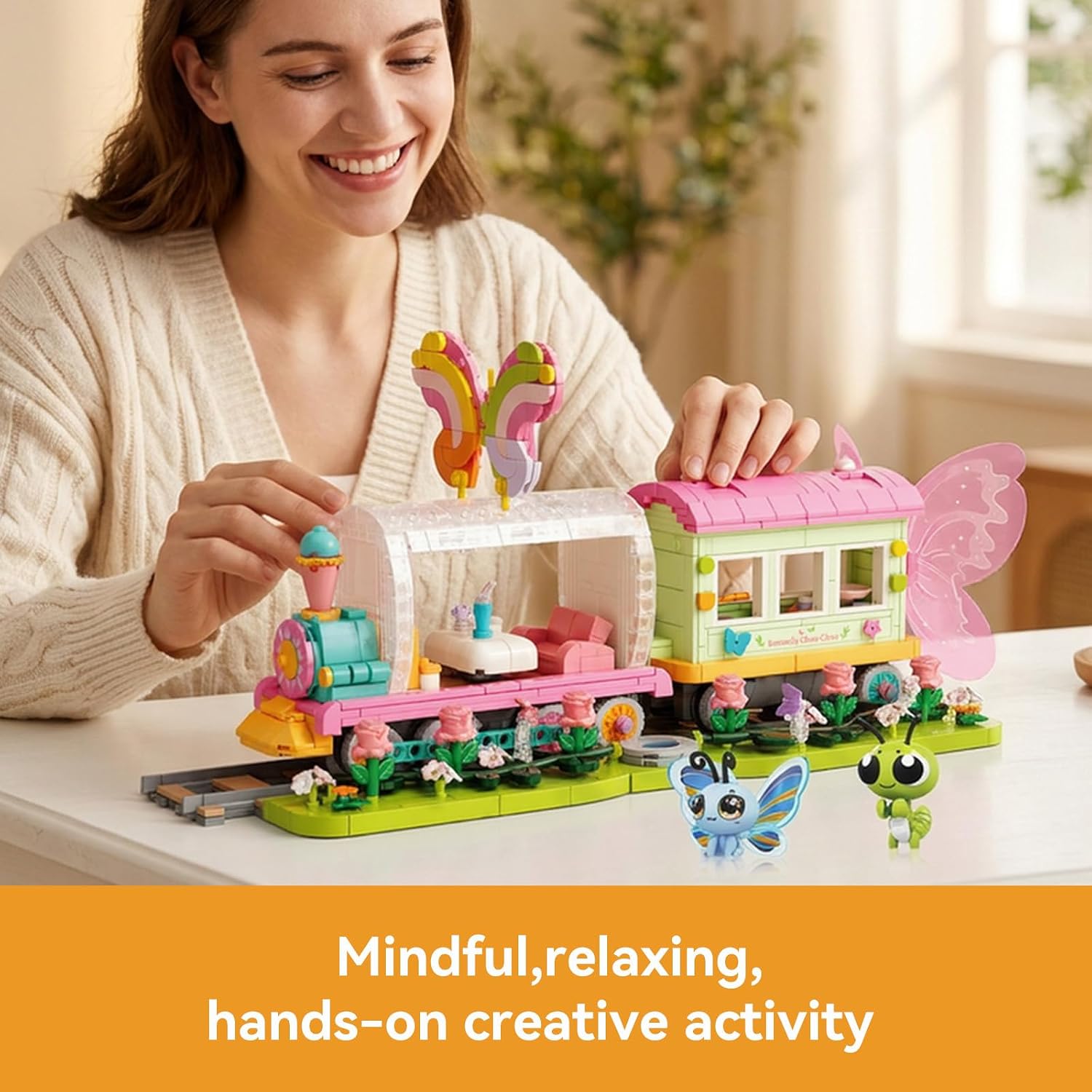 KAZI Bug Train Building Blocks Set with Tracks,Insects Figures,Rose Flowers & Street View,Insect Theme Train Model Toys,Creative STEＭ Learning Trains Kit for Kids Age 8-12,Christmas Birthday Gifts image 4