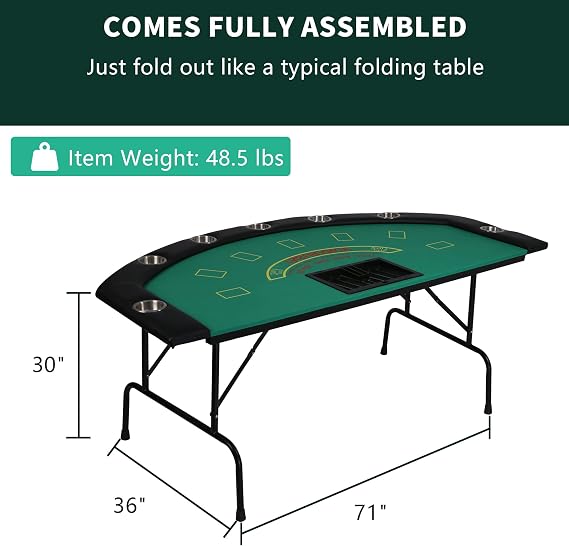 7 Player Blackjack Table with Folding Legs 71'' Casino Game Table Removable Metal Cup Holder Green Felt