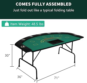 7 Player Blackjack Table with Folding Legs 71'' Casino Game Table Removable Metal Cup Holder Green Felt