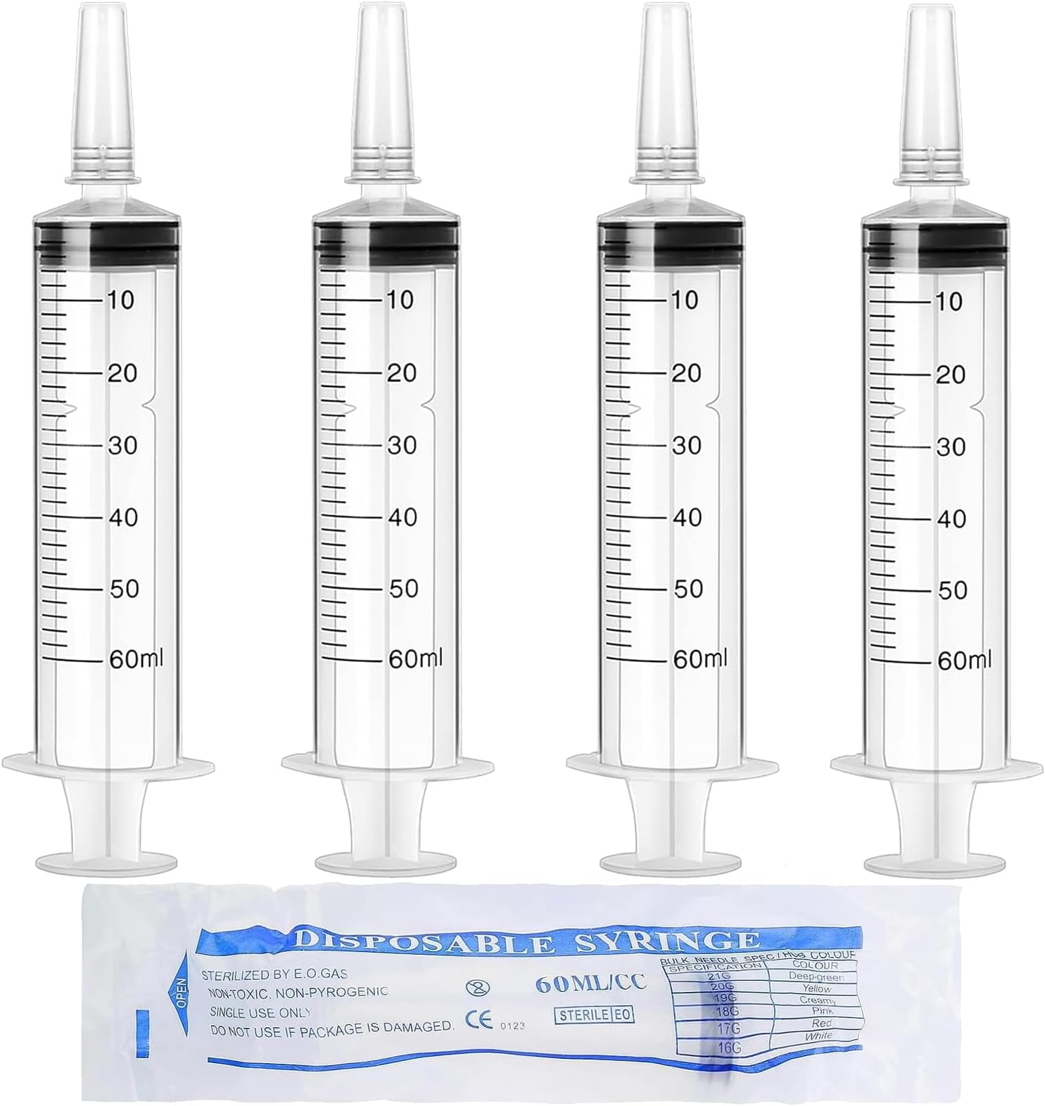 60ml Syringe HXC 4 Pack Syringes Plastic Large Syringe with Cap Sterile Package for Liquid Pets Labs Food Glue and Oil Dispensing