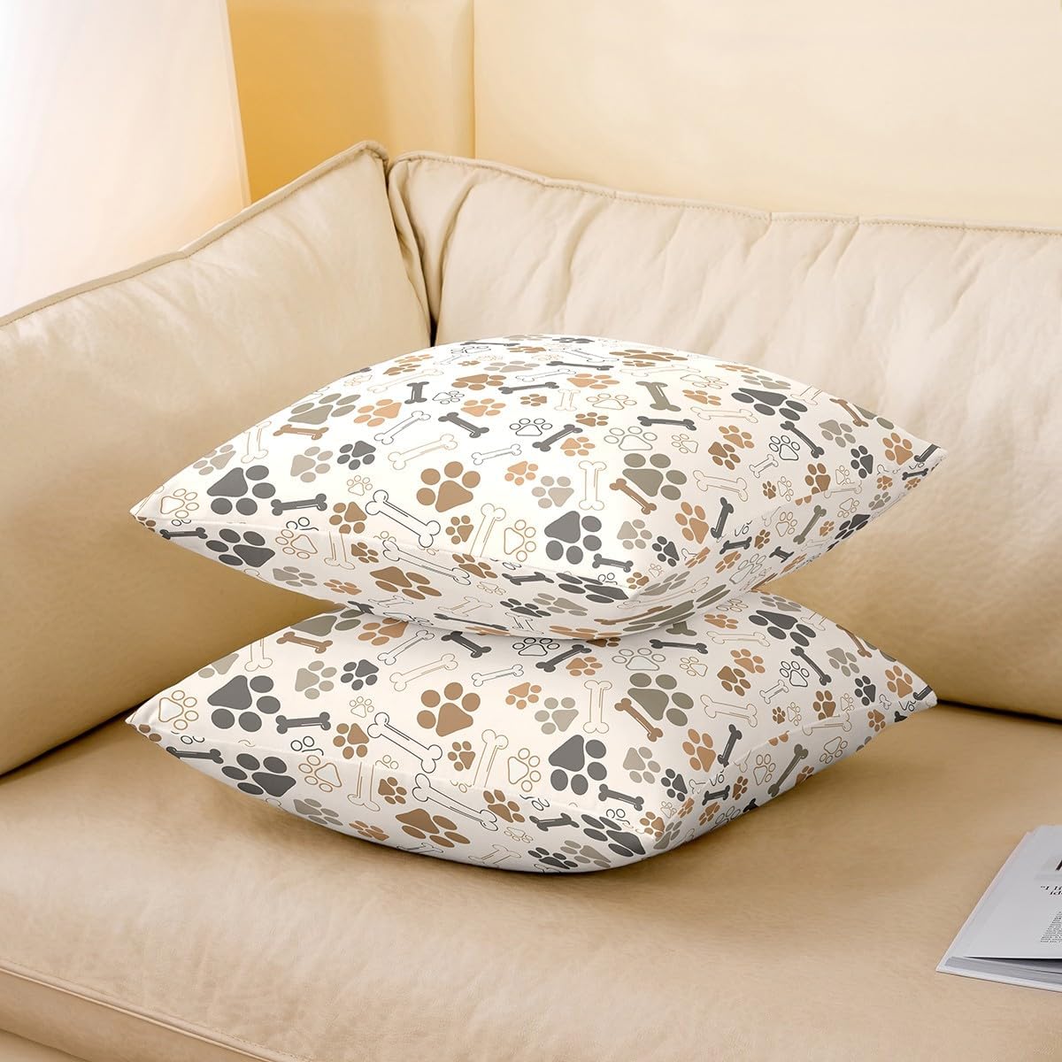 Set of 2 Pet Dog Pillow Covers,Funny Puppy Bone Paw Prints Throw Cushion Covers 24x24 Inches for Car RV Camper Office,Cute Animal Cartoon Footprint Room Decor Cushion Cases for Kids Adults image 3
