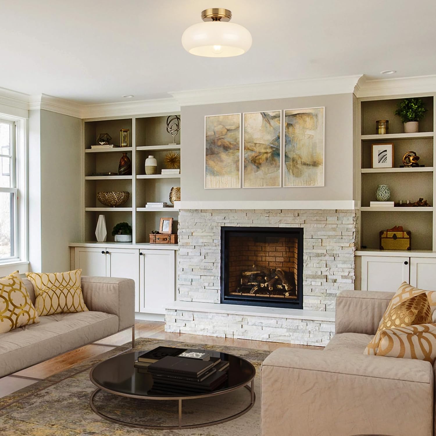 Semi Flush Mount Ceiling Light Fixture, 11'' Vintage Mid-Century Gold with White Milk Glass Shade, Modern Farmhouse Lighting for Kitchen, Hallway, Bedroom, Foyer, Laundry Room, Schoolhouse