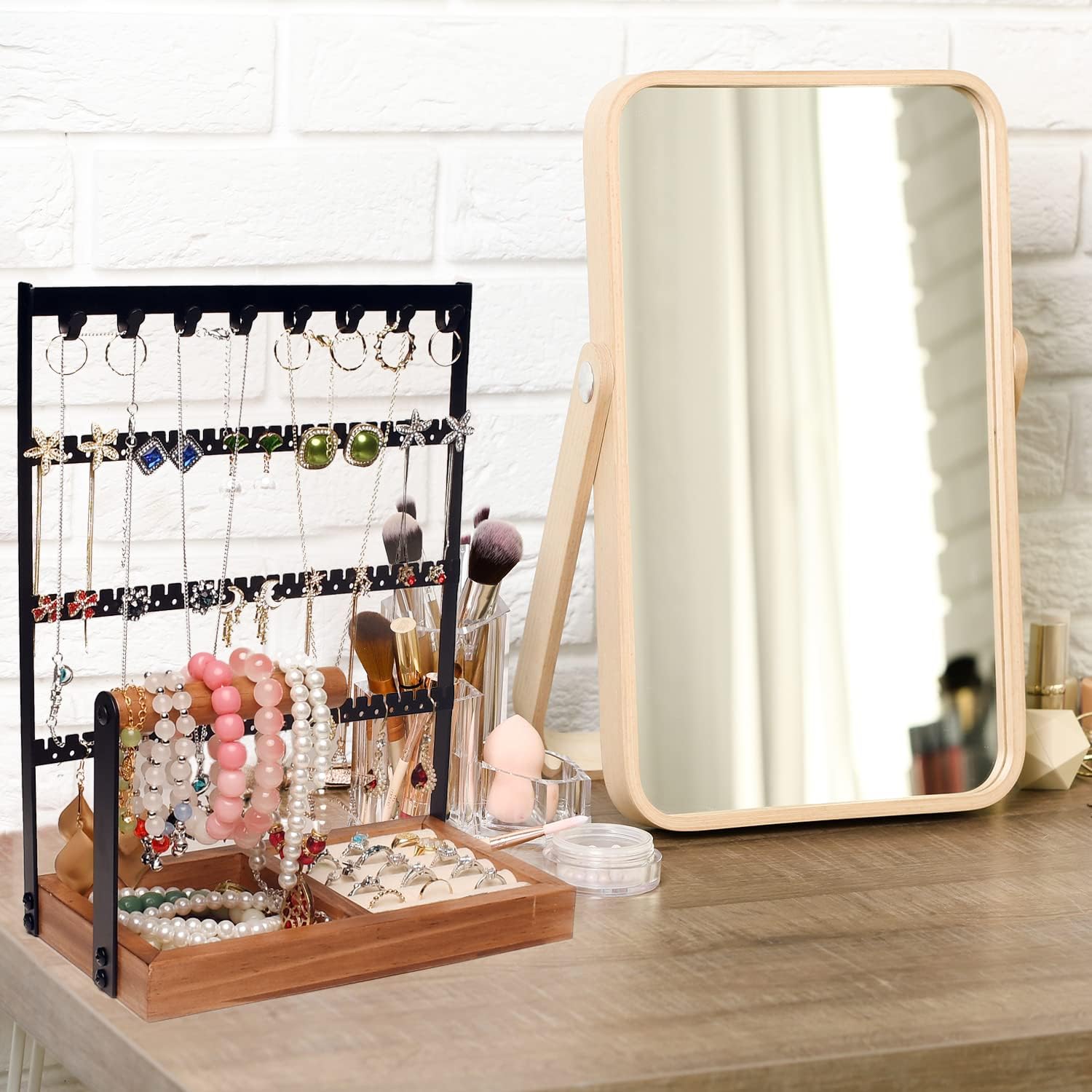 Jewelry Organizer Stand Necklace Earring Holder 5 Removable Layers Display Stands 8 Hooks 75 Holes 5 Rows Ring Storage Trays Metal Wooden Box for Bracelets Watch Bracelets and Rings - Black