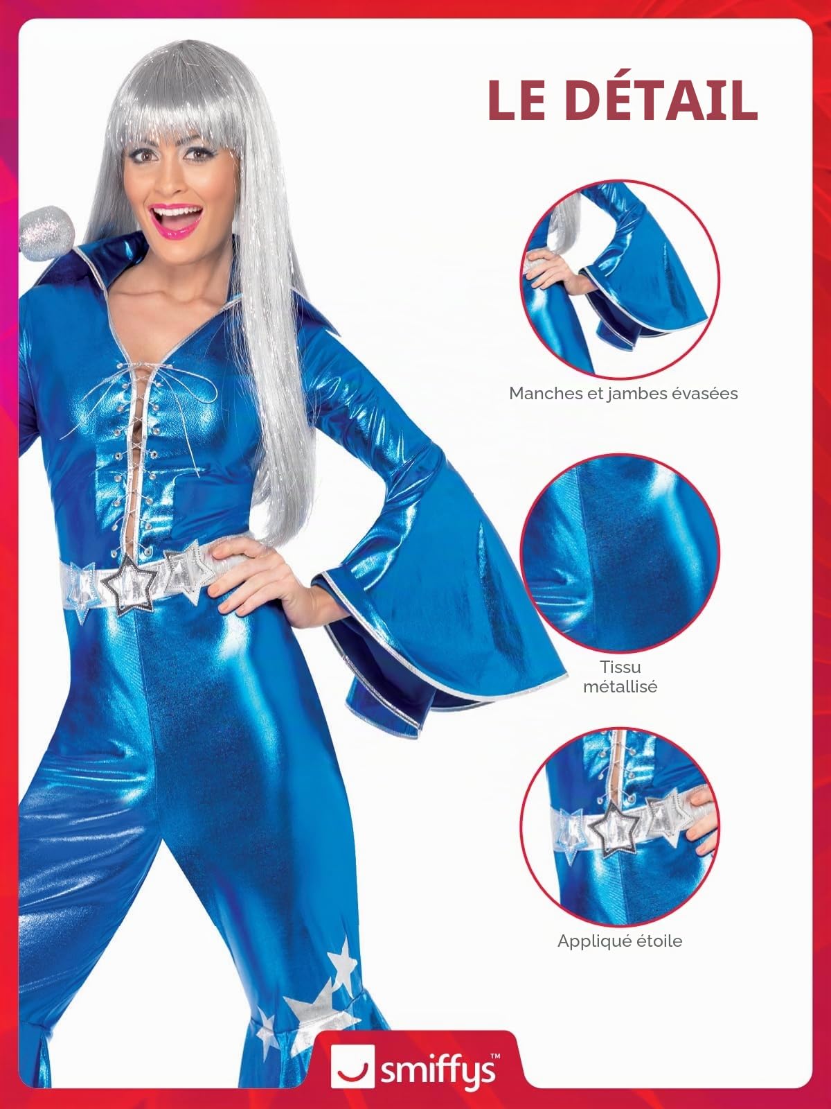 Smiffys Costume de rêve dansant des années 70, bleu avec combinaison à lacets, déguisement disco des années 70, costume pour adulte