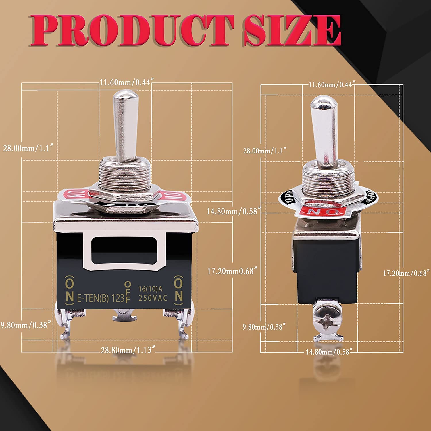 Twidec/3Pcs Heavy Duty Rocker Momentary Toggle Switch 16A 250V AC SPDT 3 Position 3 Pin (ON)-Off-(ON) Switch with Metal Bat Waterproof Boot Cap Cover Ten-123-B123