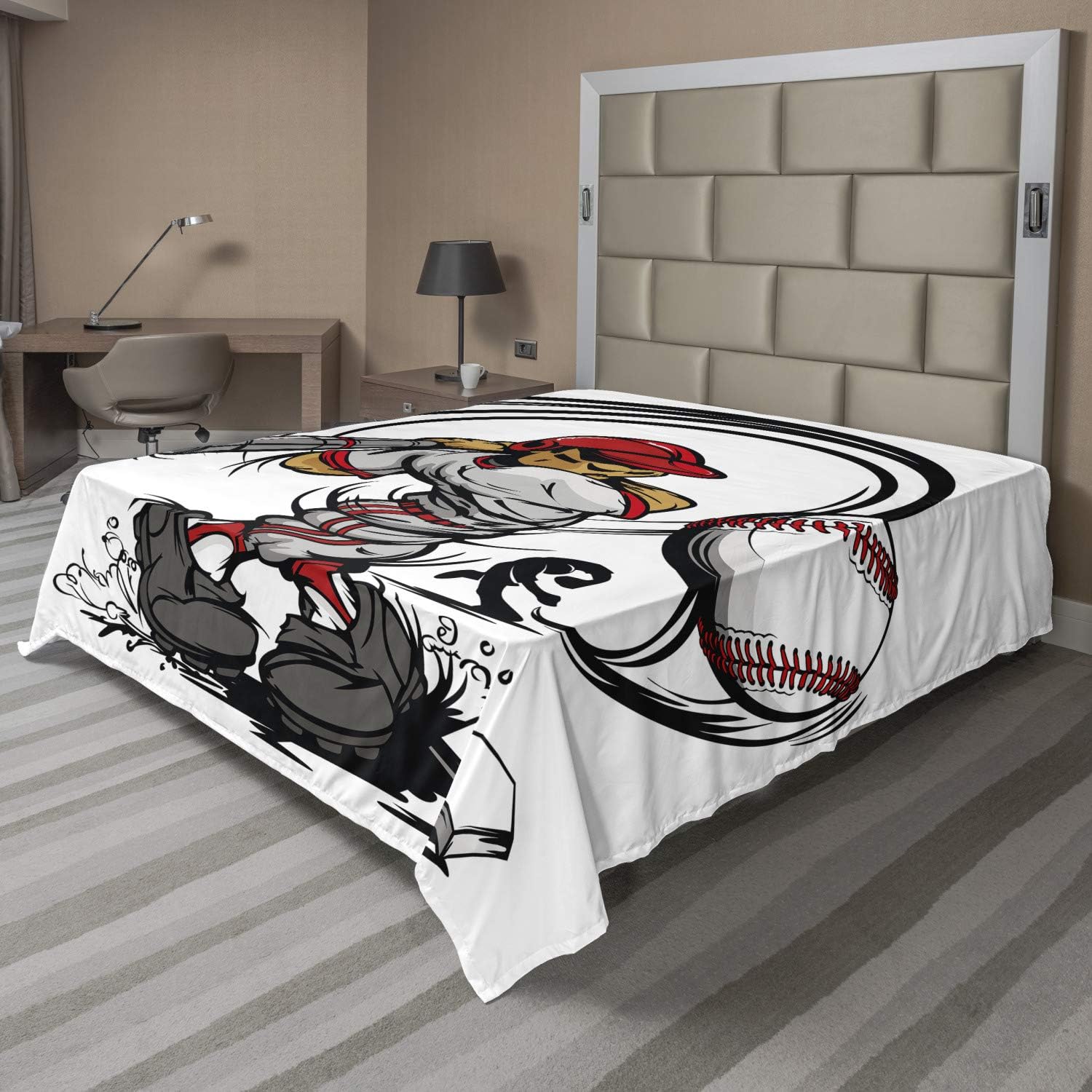 Ambesonne Teen Room Flat Sheet, Baseball Cartoon Style Player Hitting The Ball Boys Caricature Print, Soft Comfortable Top Sheet Decorative Bedding 1 Piece, Full Size, Grey Red White