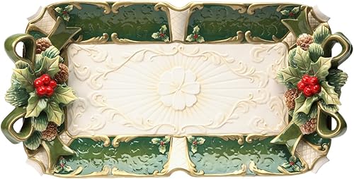 Bandeja rectangular de cerámica fina pintada a mano para Navidad, color verde acebo, bayas rojas, 19 3/4 L