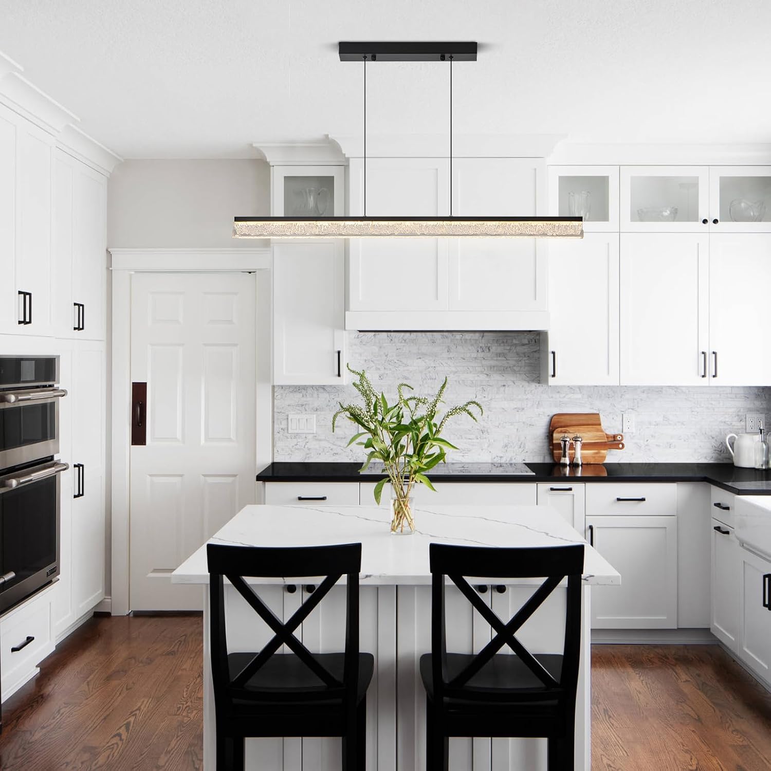 KCO Lighting Black Farmhouse Kitchen Island Lighting Modern Linear Chandelier LED Hanging Ceiling Light Fixtures Mid Century Dining Room Pendant Light Fixtures Over Table