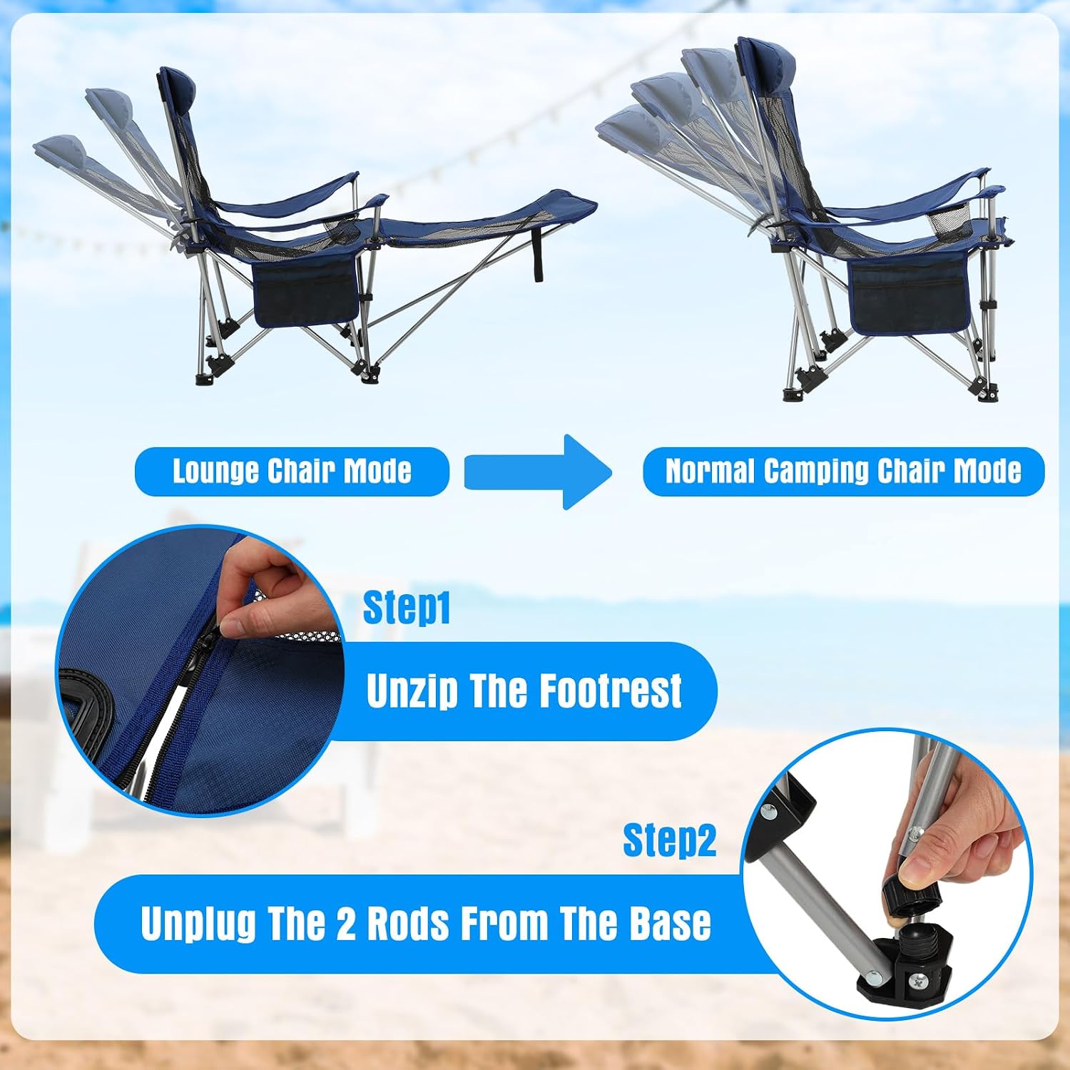 2 Pack Reclining Camping Chairs with 2 Umbrellas, Folding Beach Chairs with Footrest, Headrest, Cup Holder, 4-position Adjustable Backrest Lounger for Summer Lawn Outdoor, Fishing, Picnic(Dark Blue)