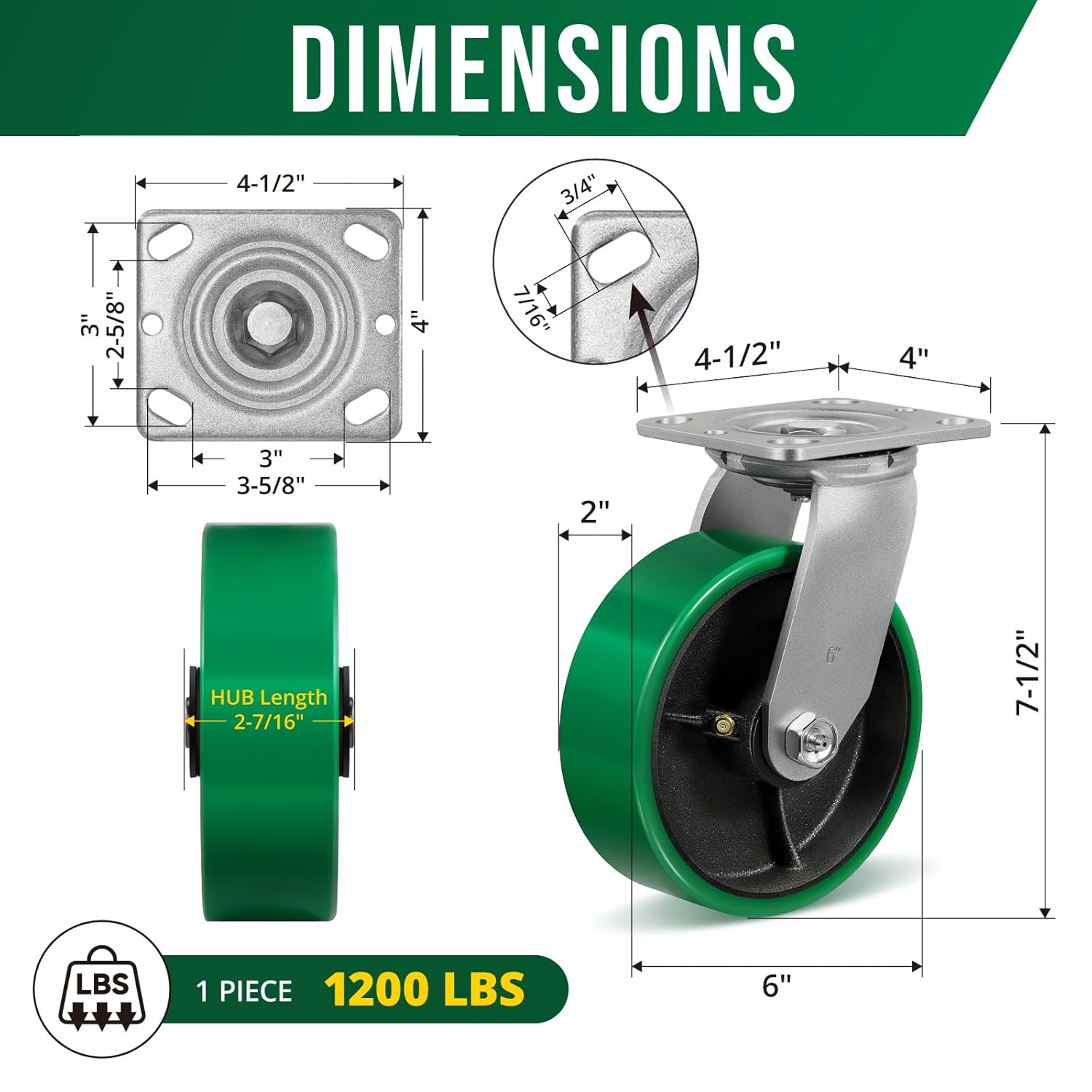 6 Inch Caster Wheels, Heavy Duty Casters with Strong Load-Bearing, Polyurethane on Steel Wheel, Set of 4 Industrial Casters Load 4800lbs(2 Swivel & 2 Rigid)