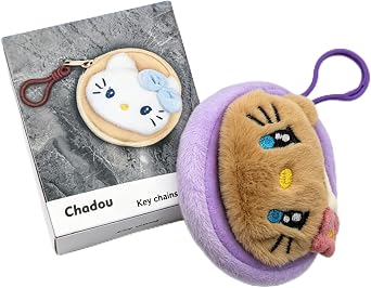 Chadou Plush Key Chain, Cat Face Embroidered, Purple, Cute Kawaii Style Bag Charm Accessory