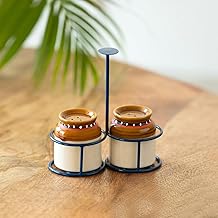 ExclusiveLane 'Old Martaban' Ceramic Salt Pepper Set for Dining Table with Iron Holder (80 ML, Set of 2) | Salt and Pepper Container for Dinning Table Salt and Pepper Dispenser Salt and Pepper Shaker