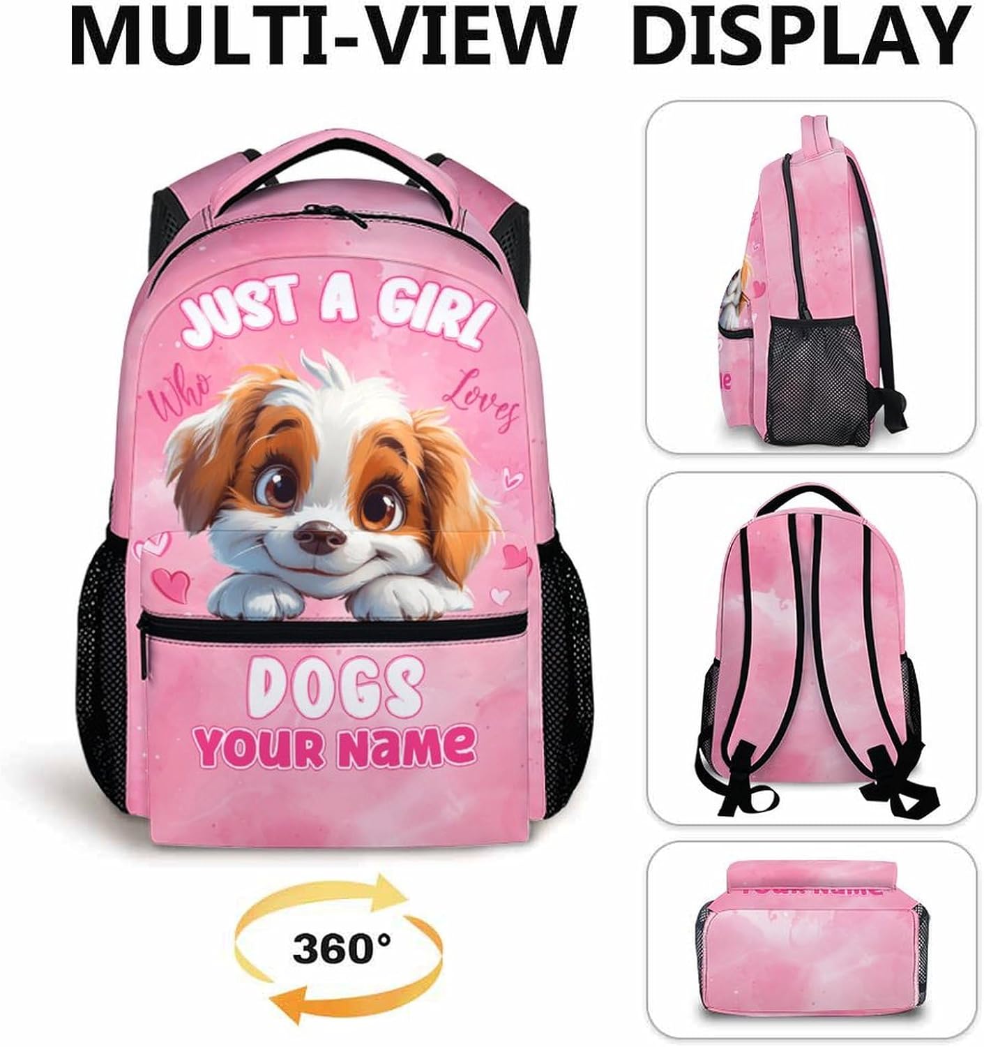 Kids Backpack for Girls, Custom Dog Schoolbag for Preschool Kindergarten Primary, 17 Inch Personalized Lightweight Pink Daypack for School, Back to School Gift