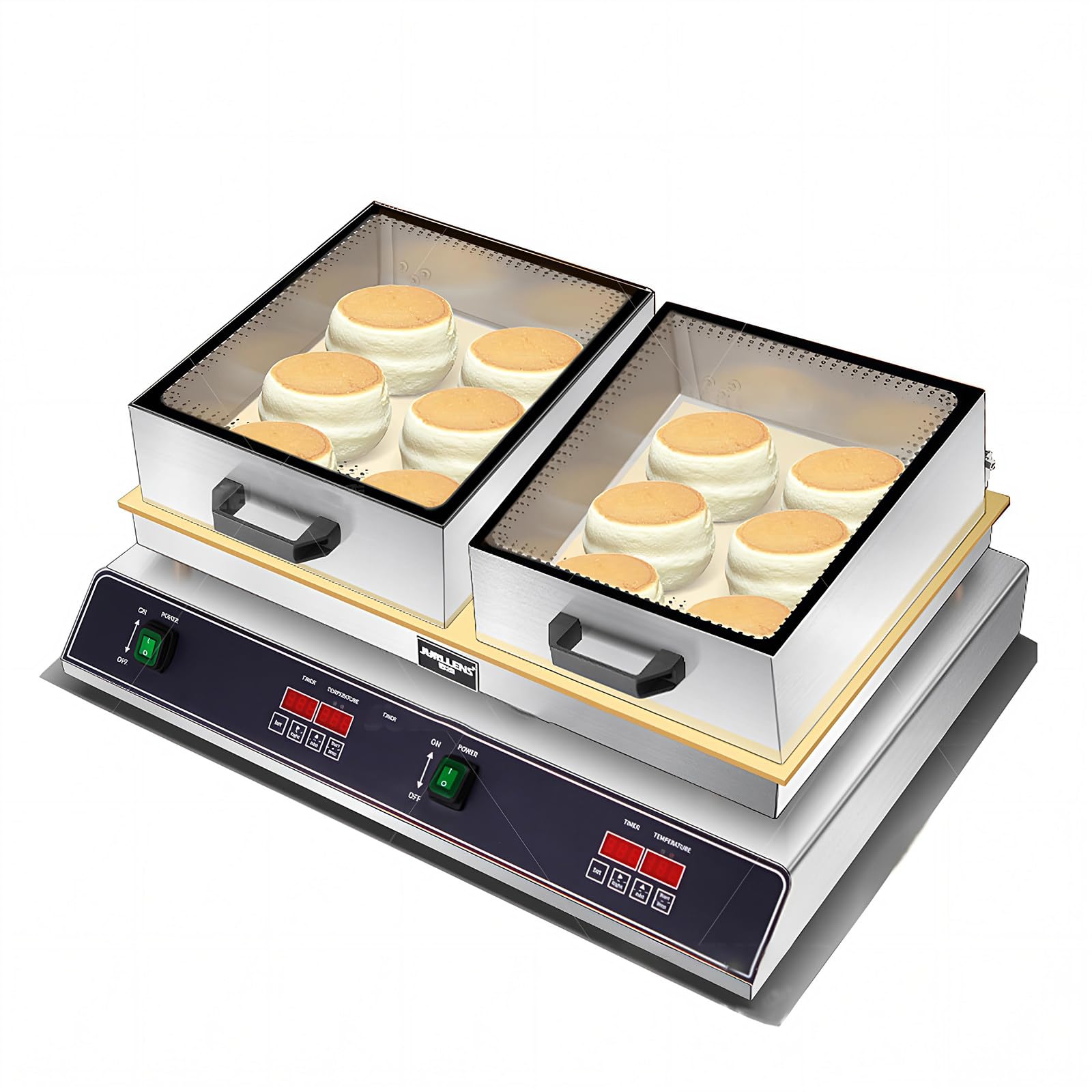 1500W, Crêpe Poêlée Professionnelle, Crêpière Hollandaise,Machine à Souffler et Crêpes Japonaises, Corps en Acier Inoxydable, Couvercle Rabattable en Verre, Machine à Crêpes Soufflées,2 Head