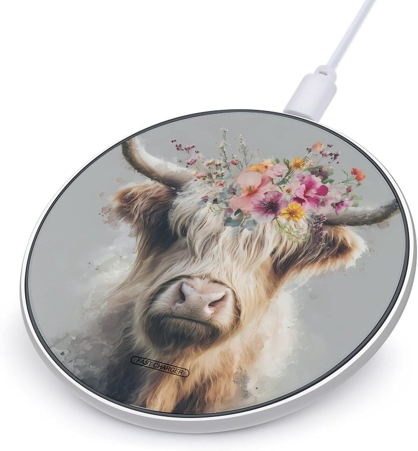 Highland Cow with Flowers Novelty Wireless Charger Funny 10W Fast Charging Pad Mat for Cell Phone