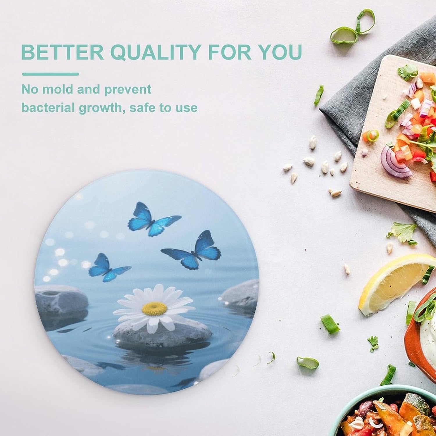 Flower And Butterfly Zen Stone Tempered Glass Cutting Board Sturdy Chopping Block Personalized Large Butcher Block Lightweight Round Chopping Mat for Kitchen Non Slip