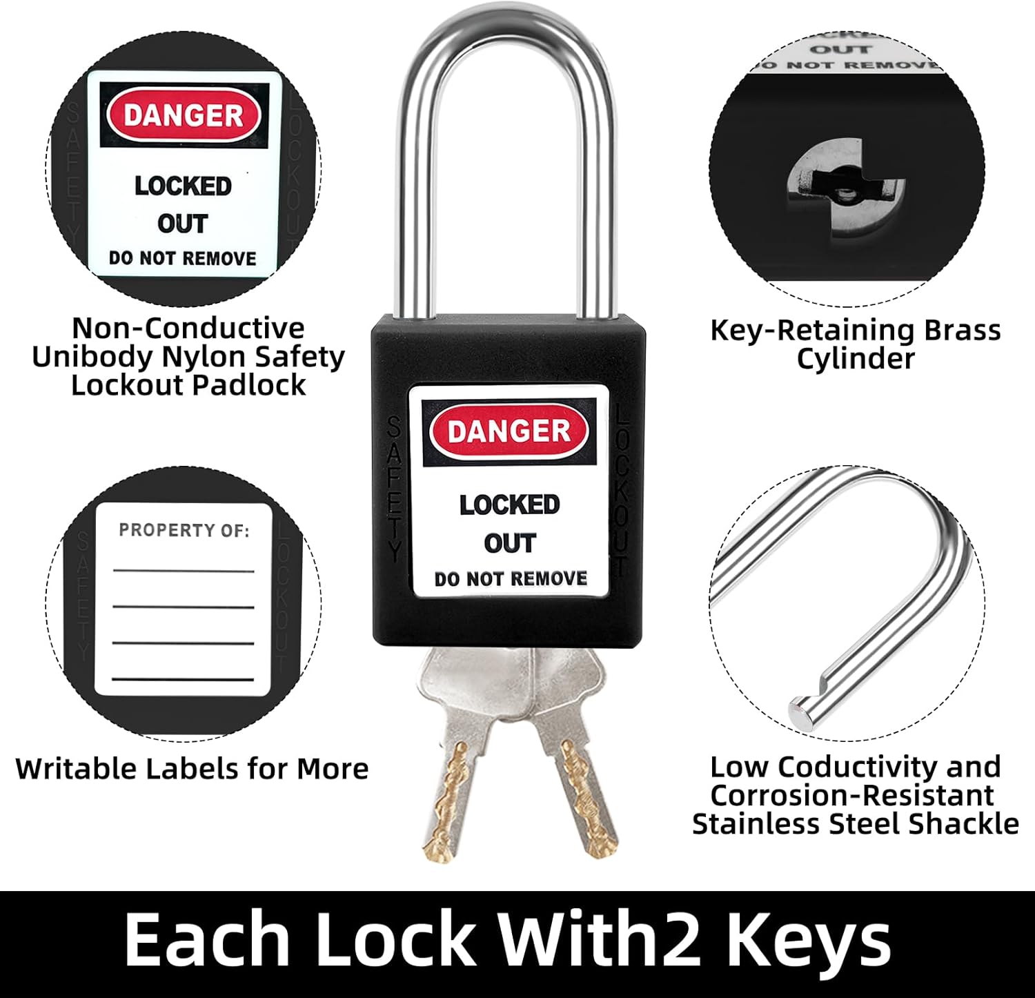 Lockout Tagout Lock Set-10pcs Black Loto Locks, Keyed Different, 2 Keys Per Lock, OSHA Compliant Safety Padlocks for Electrical Lockout Tag Out Kit
