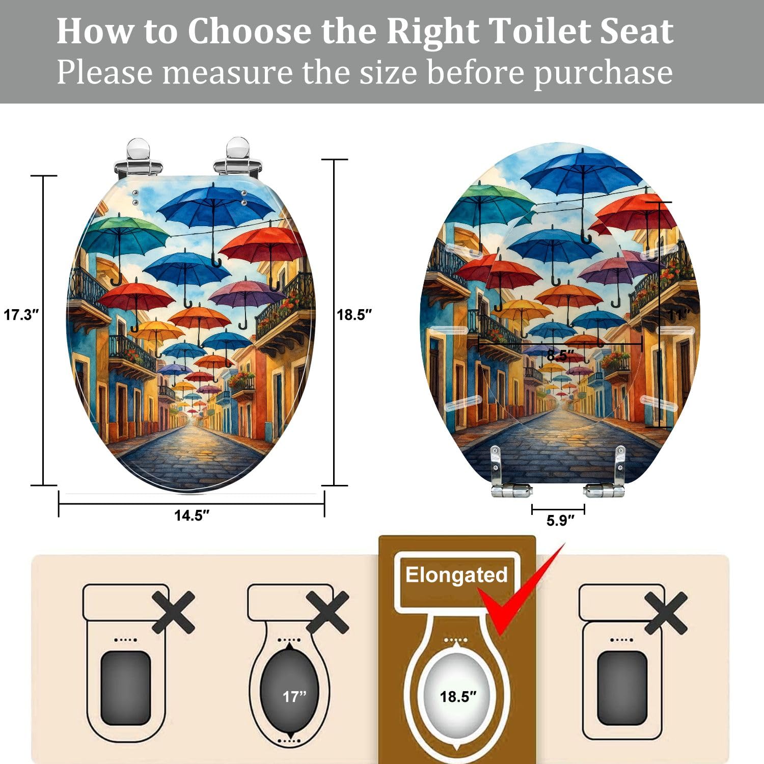 Asiento de inodoro alargado de resina para uso en el baño.