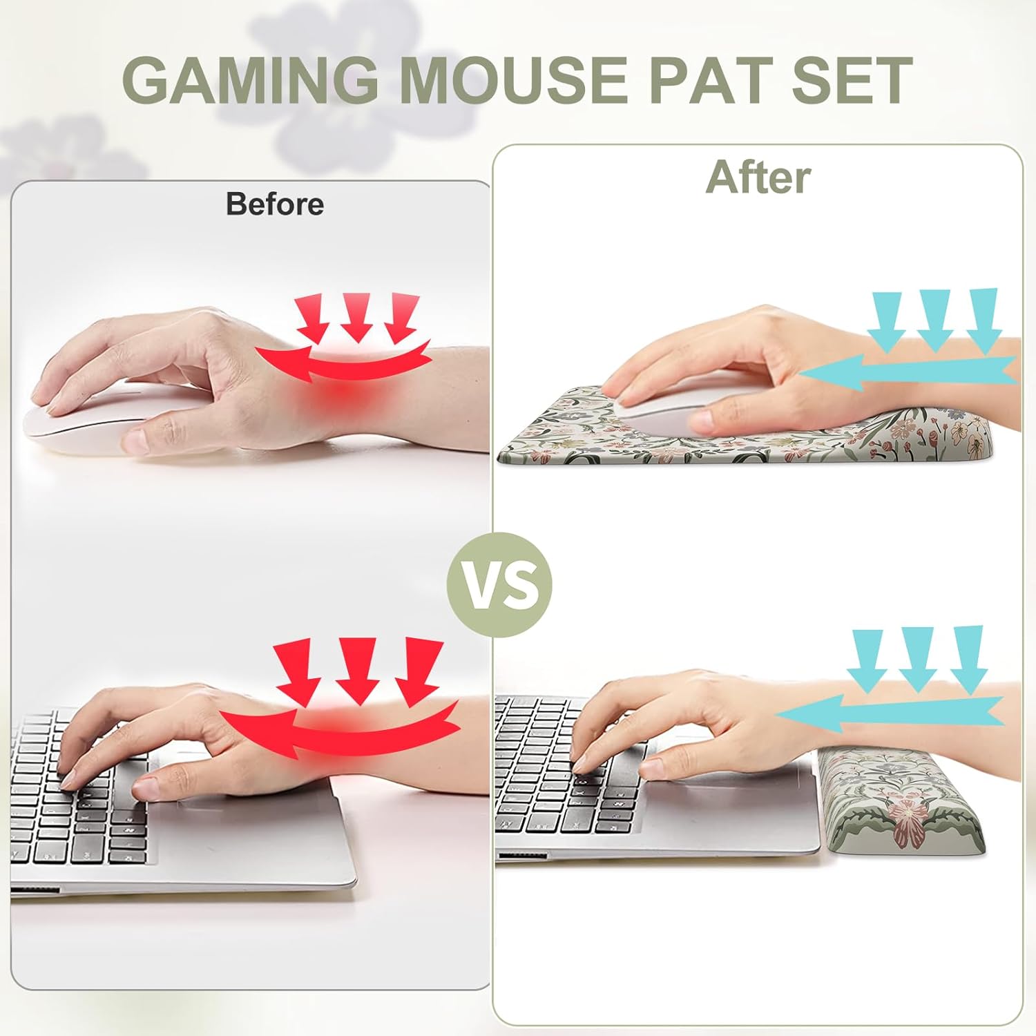 iCasso Mouse Pad with Wrist Rest,Large Desk Mat Set,Ergonomic Keyboard Pad with Wrist Support,Non-Slip Mouse Mat for Women,Cute Floral Computer Mat for Home Office Gaming (Gray)