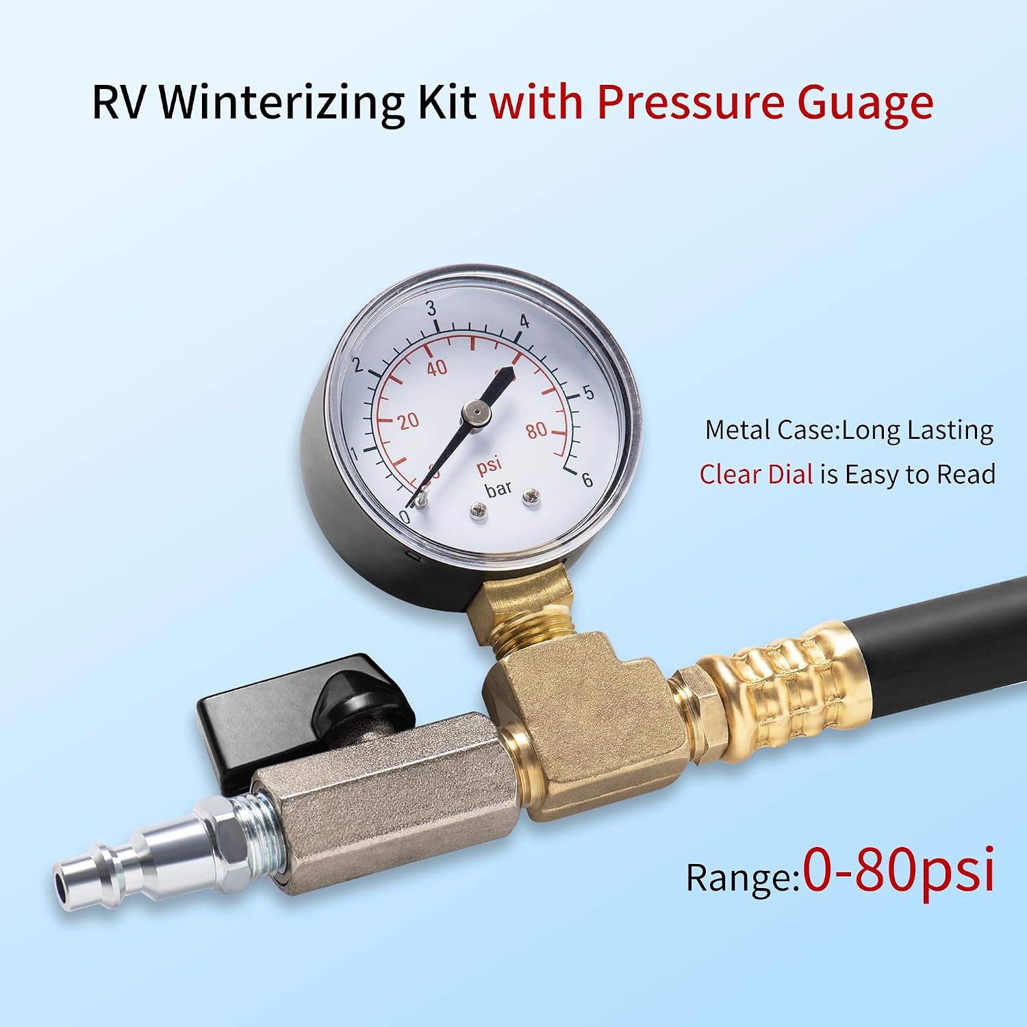 RV Winterizing Kit Winterize Sprinkler Blowout Adapter with integrated Pressure Gauge Shut Off Valve and 1/4”Industrial Plug Air Compressor 3/4" GHT Connect for Motorhome Boat Camper Travel Trailer